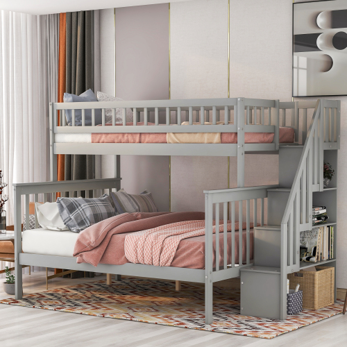Twin over Full Stairway Bunk Bed with Storage, Gray、、casual