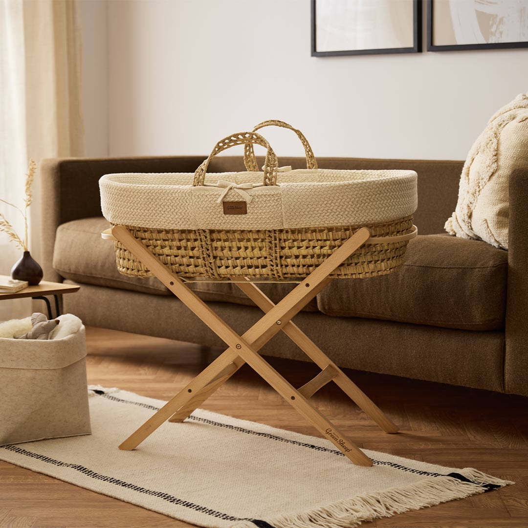  The Little Green Sheep Wheat Knit Moses Basket and Foldable Stand Bundle - Linen / Natural、mySite、merchandisen