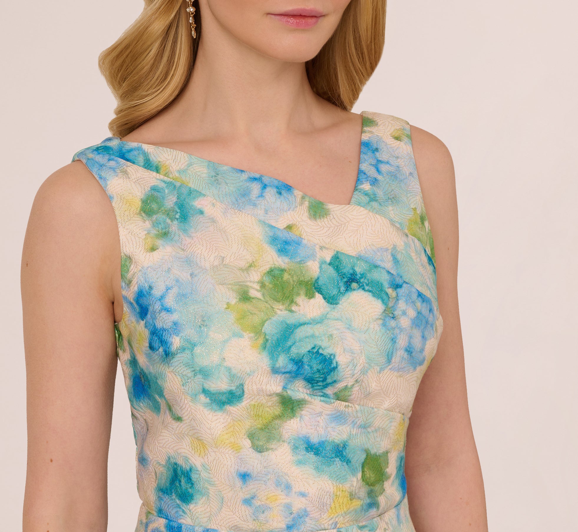 Sleeveless Asymmetrical Floral Jacquard Midi Dress In Ivory Blue Multi、mySite、solidvoid