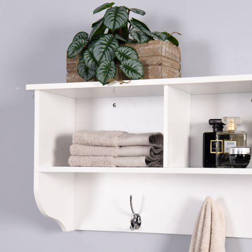 White Entryway Wall Mounted Coat Rack with 4 Dual Hooks Living Room Wooden Storage Shelf、、casual