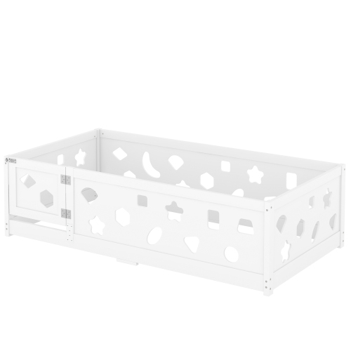 Twin Size Floor Bed with Heightened Safety Guardrails and Door, Solid Wood Bedframe with Rails for Girls, Boys, Teens, Child Bedroom, Kids Playroom, No Slats Included, White、、casual