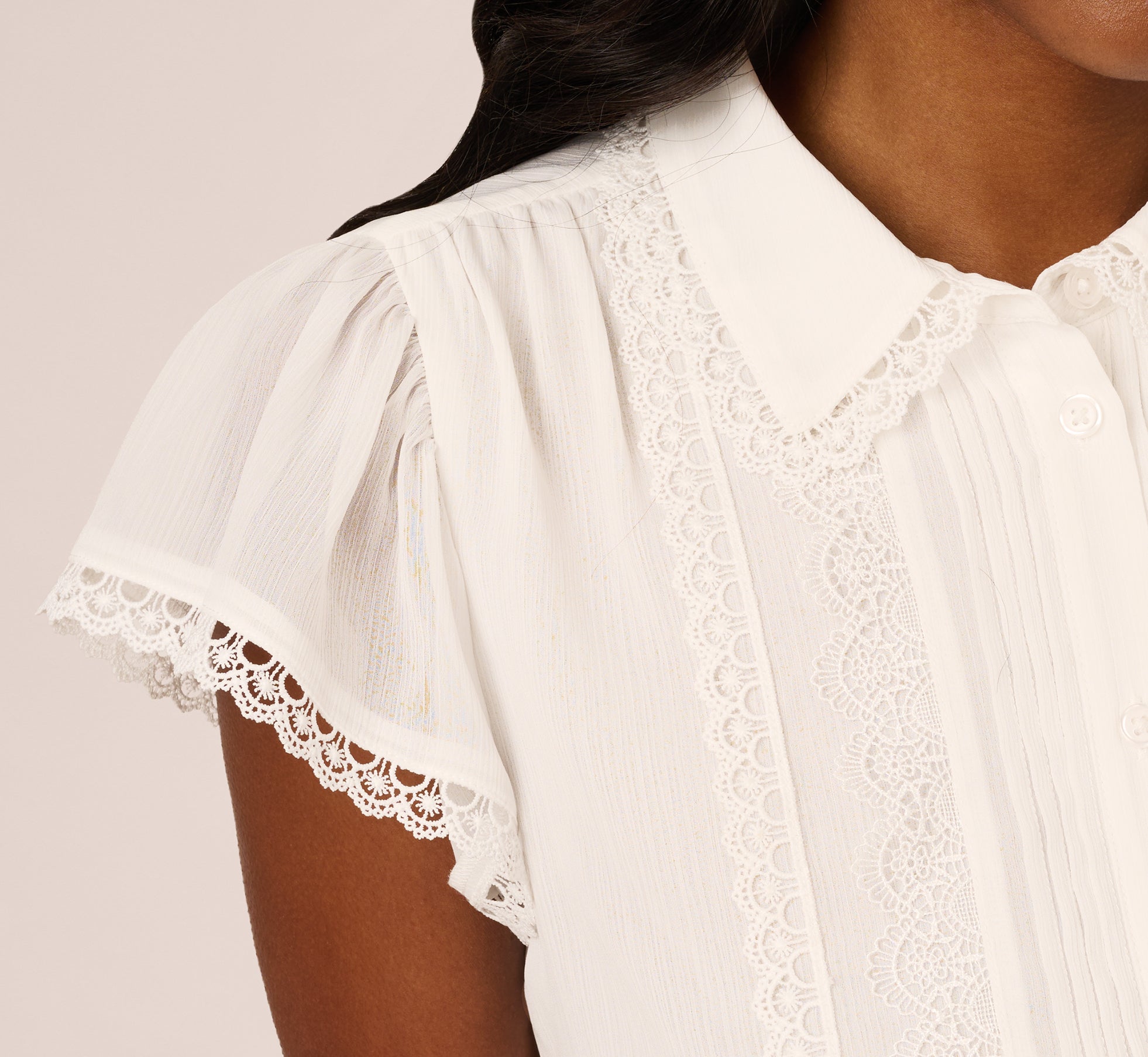 Cap Sleeve Lace Collared Blouse In Ivory、mySite、solidvoid