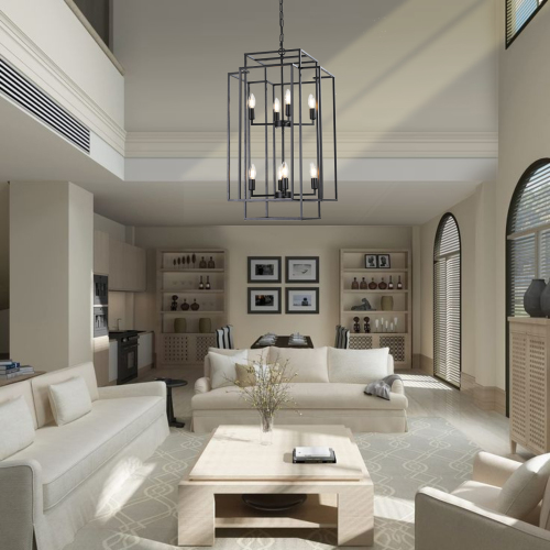 (Same as W1340142524/L1018-G) 18" Modern 8-Light Black Gold Geometric Pendant Chandelier, Industrial Metal Frame, Adjustable Hanging Light for Living Room, Dining Room, Kitchen (No Bulbs)、、eastwooduniform