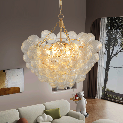 23.6-Inch Gold Pendant Light Chandelier with Threaded Clear Glass Globe Shade – Adjustable Height, Ideal for Living Room, Dining Room, Kitchen (No Bulbs)、、eastwooduniform