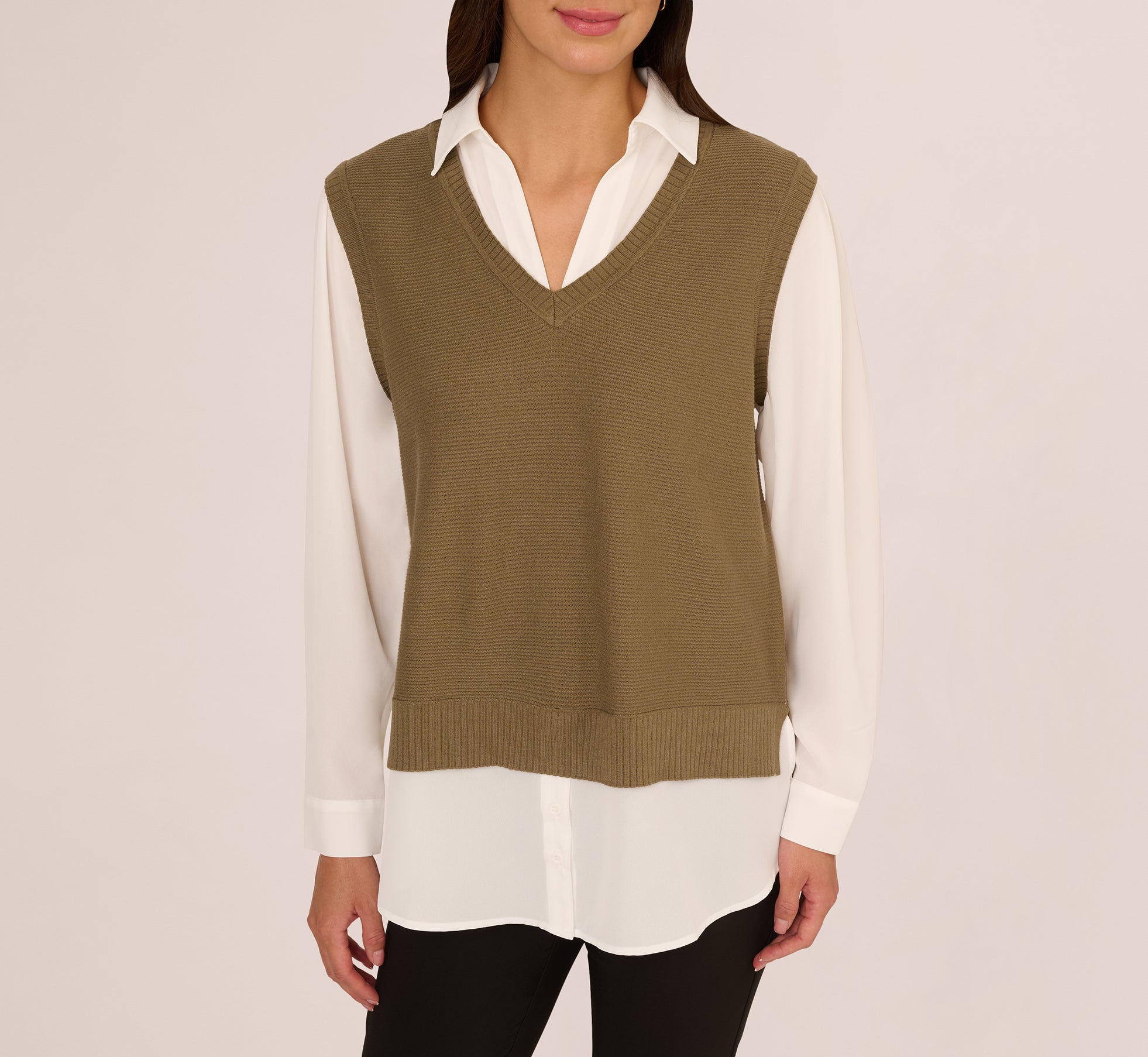 Sweater Vest Collared Twofer Shirt In Smokey Olive Ivory、mySite、solidvoid