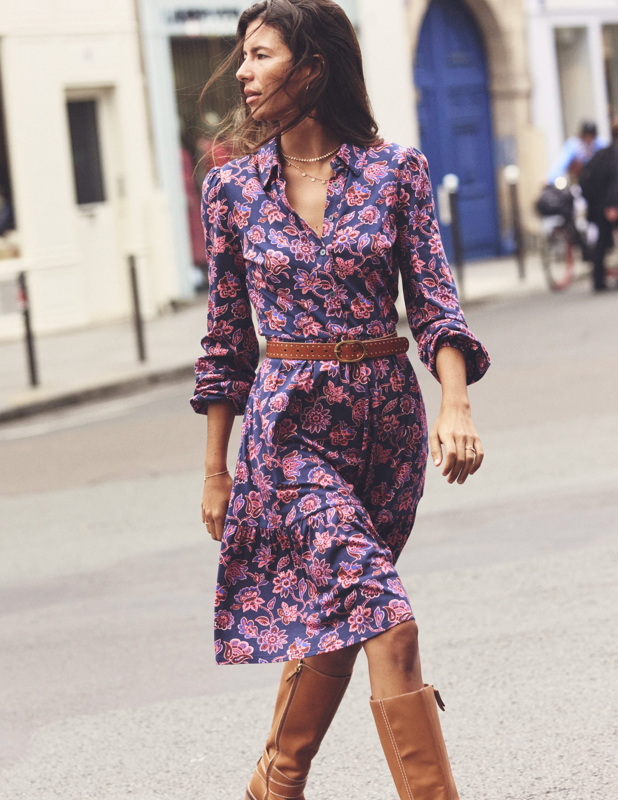  Jemima Tiered Jersey Dress-Navy, Floret Cascade、mySite、ashleygrahame