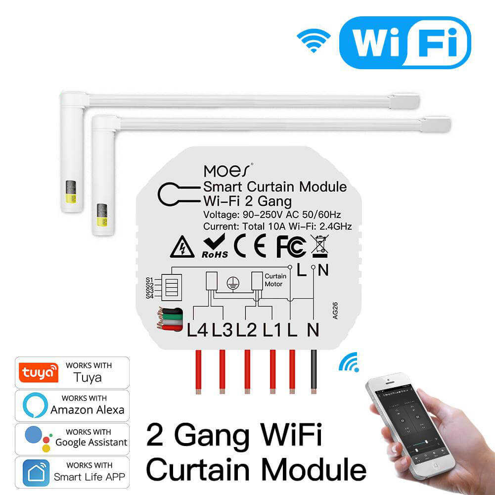 MOES WiFi Smart 2 Gang Double Curtain Blind Switch Module for Roller Shutter Electric Motor、mySite、fannypackpong