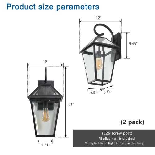 10" 2pcs Outdoor Wall Lanterns, Black Finish Weatherproof Wall Sconce with Clear Glass Panels, Vintage Exterior Light Fixtures for Porch, Patio, Garage, and Entryway (Bulb Not Included)、、eastwooduniform