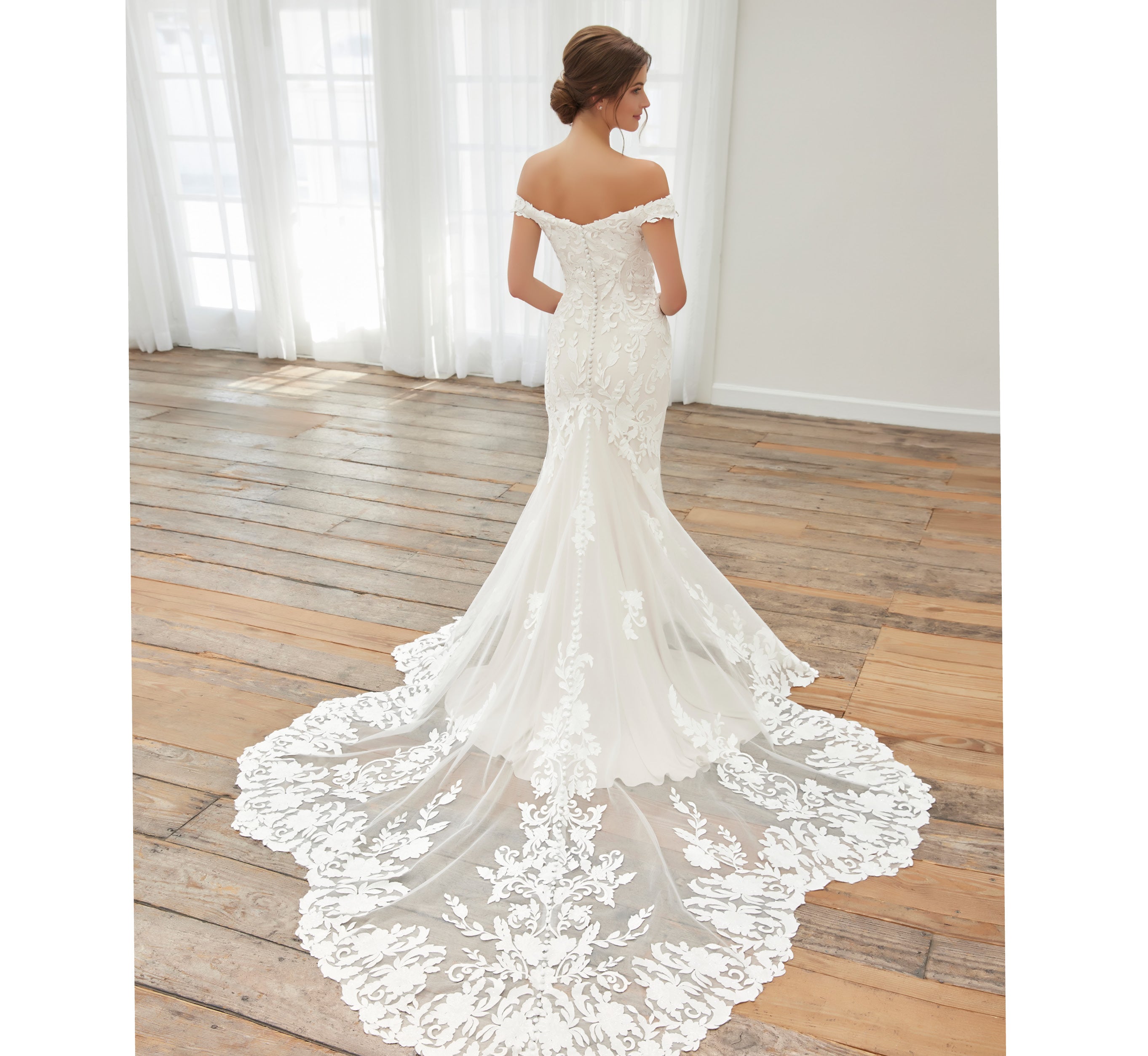 Floral Lace Off-The-Shoulder Fit-And-Flare Gown With Detachable Sleeves In Ivory Almond、mySite、solidvoid