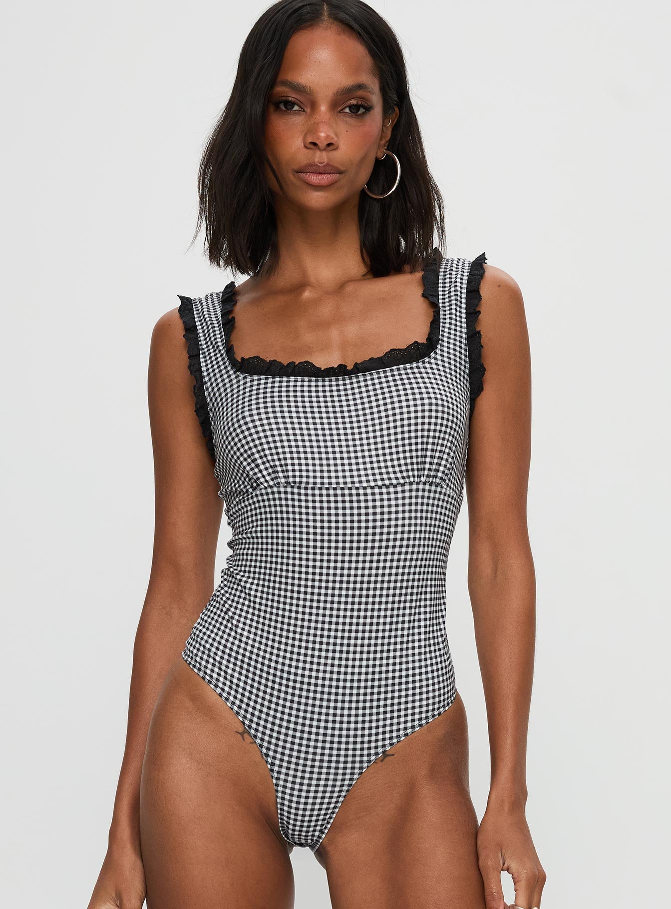 Trustfund Lace Trim Bodysuit Black / White Check、mySite、solidvoid