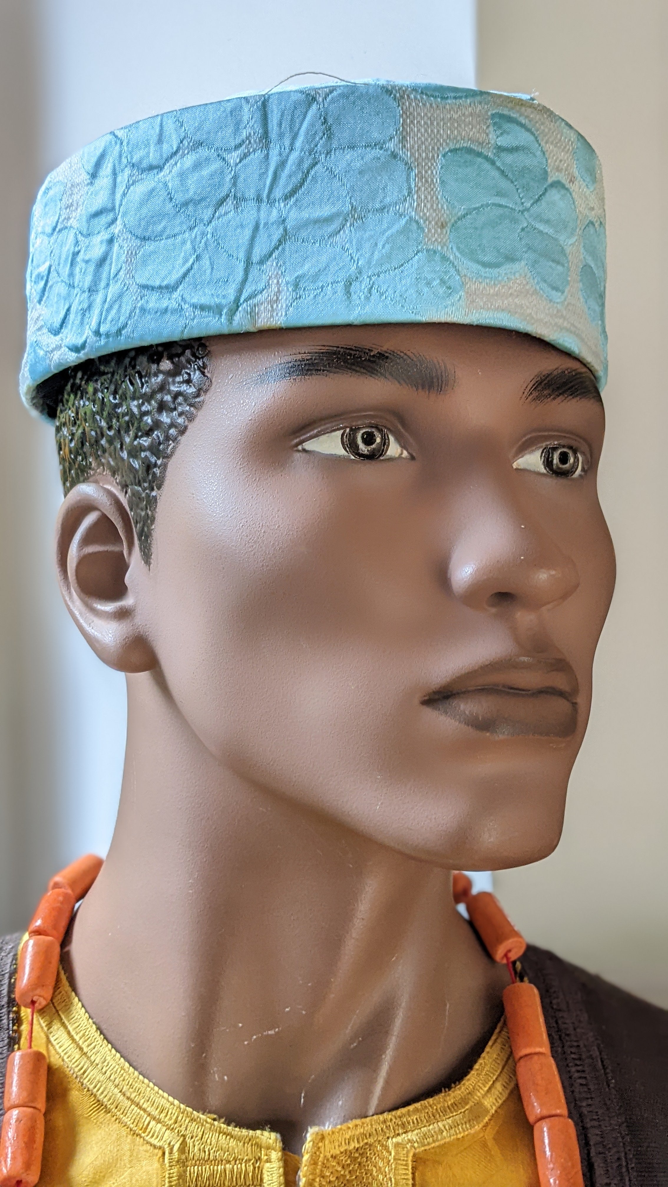 Moyosore Turquoise Blue and Tan African Damask brimless hat-DPHDHTT3、mySite、solidvoid