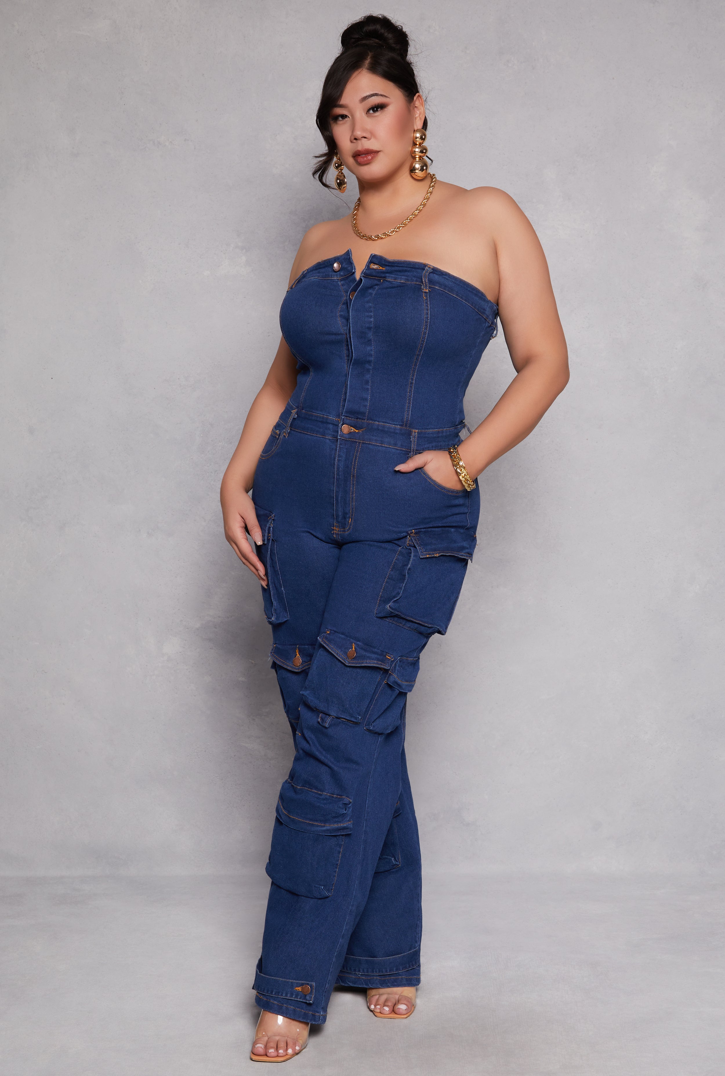 Plus Size Daisy Denim Strapless Utility Jumpsuit、mySite、camillekostekn