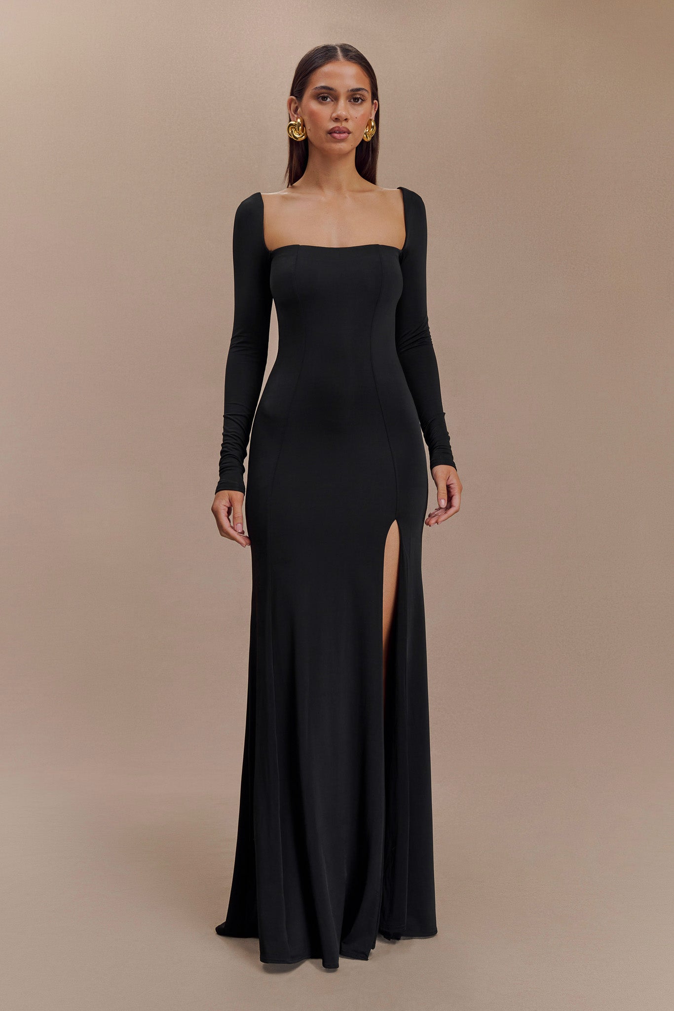 Desirie Slinky Long Sleeve Maxi Dress With Split - Black、mySite、solidvoid