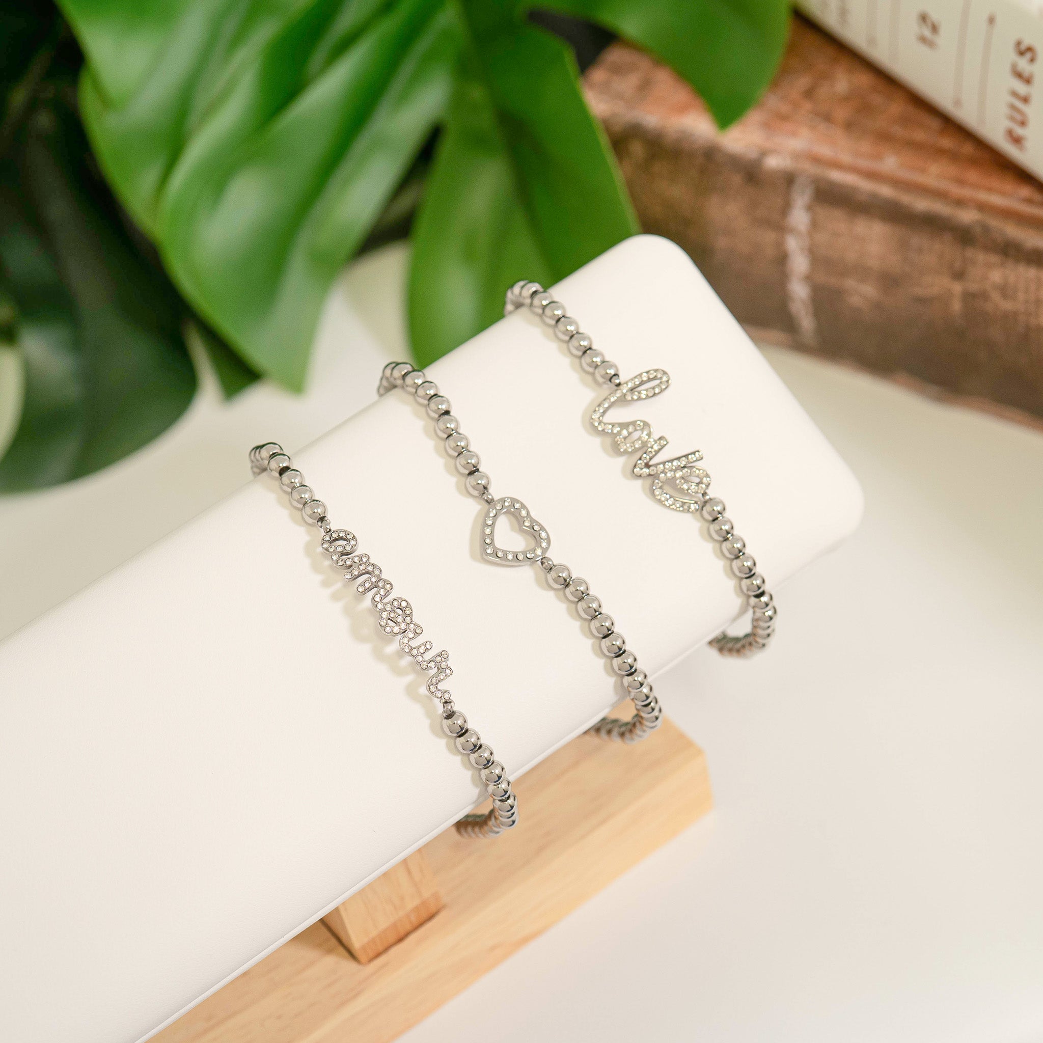 18K Gold PVD Stainless Steel Stone Love Metal Beaded Stretch Bracelet / BRJ1014、mySite、dreamappss