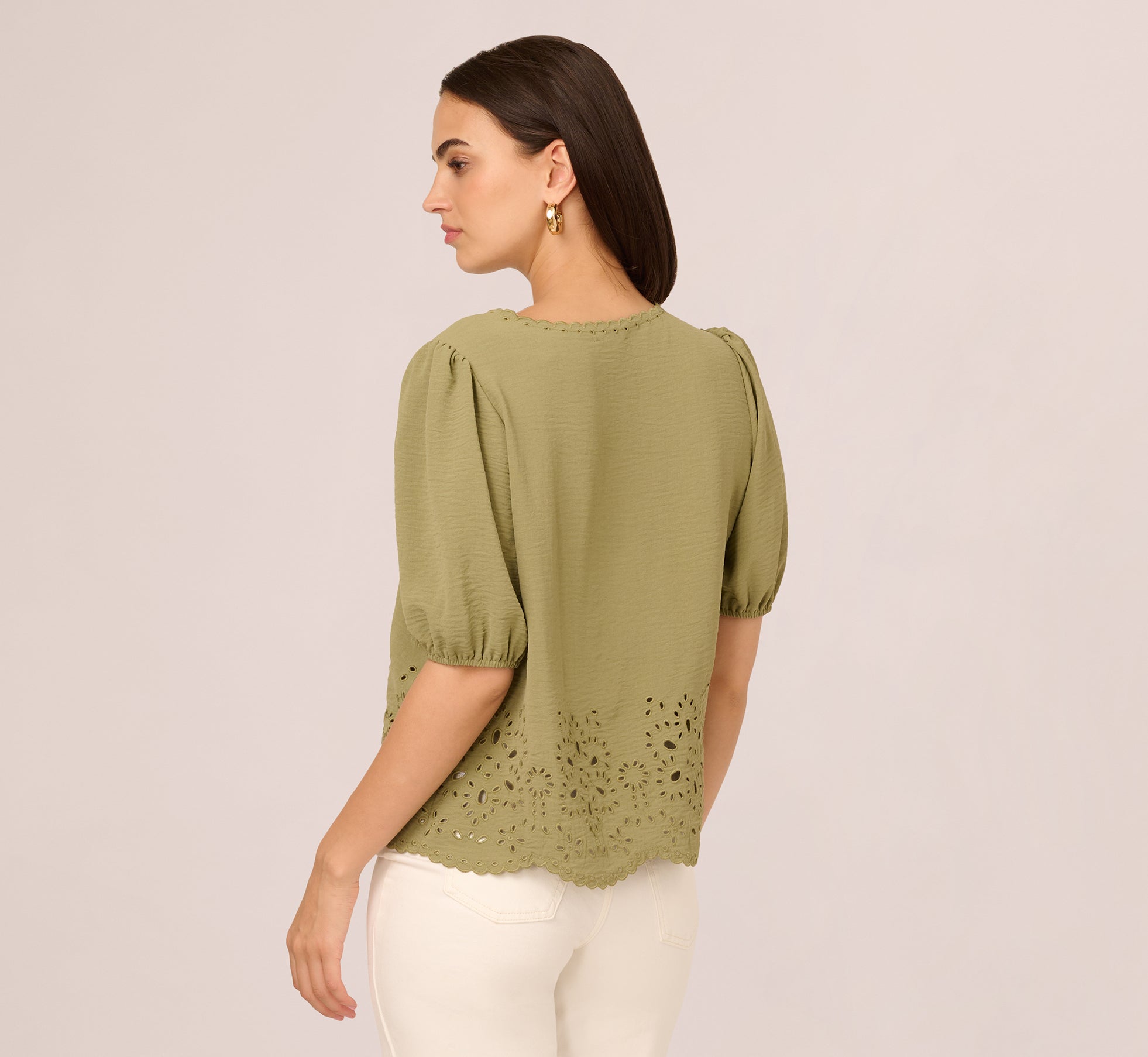 Short Sleeve Scalloped Eyelet Top In Oil Green、mySite、solidvoid