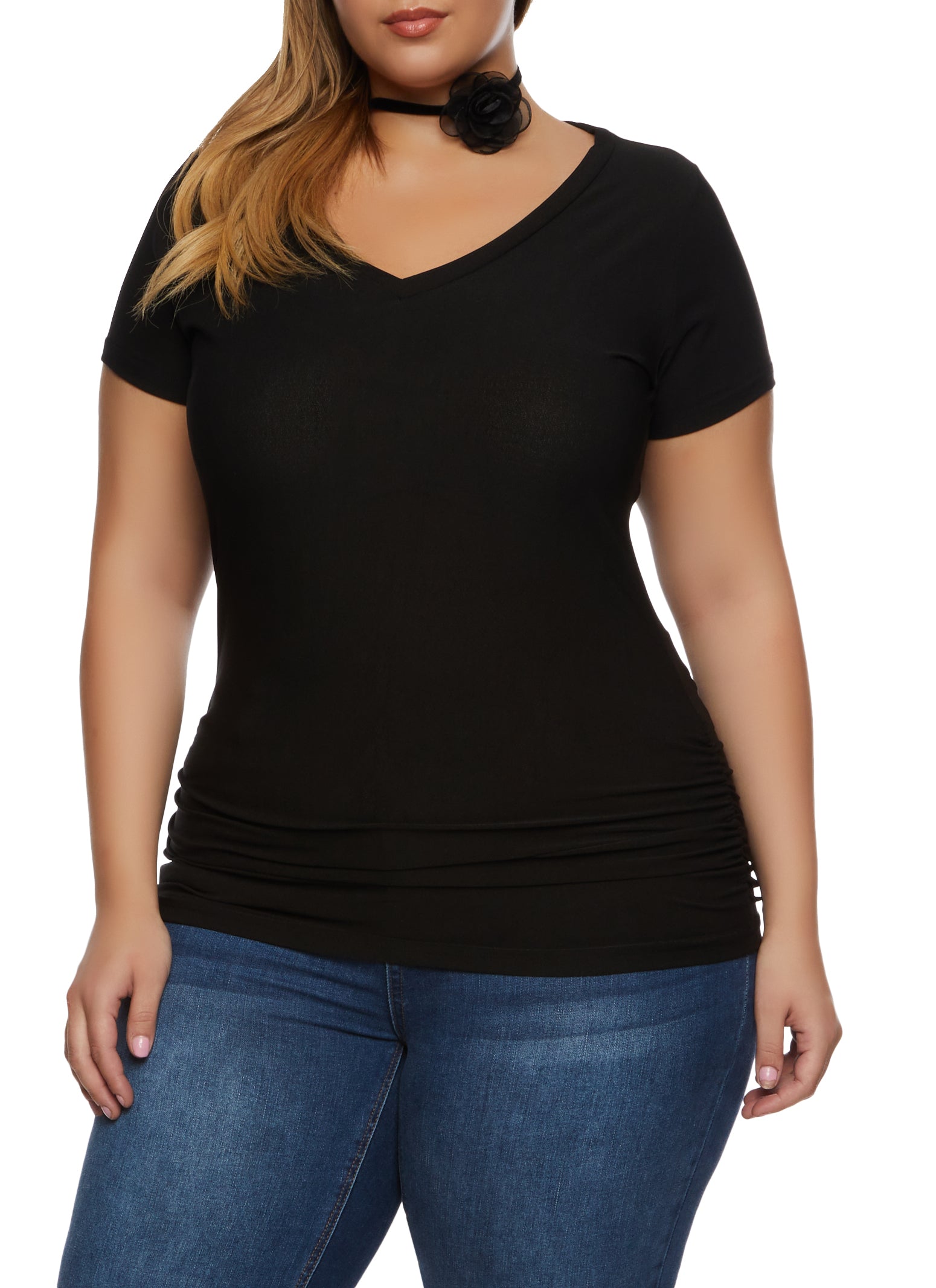 Plus Size Ruched Side V Neck T Shirt、mySite、camillekostekn