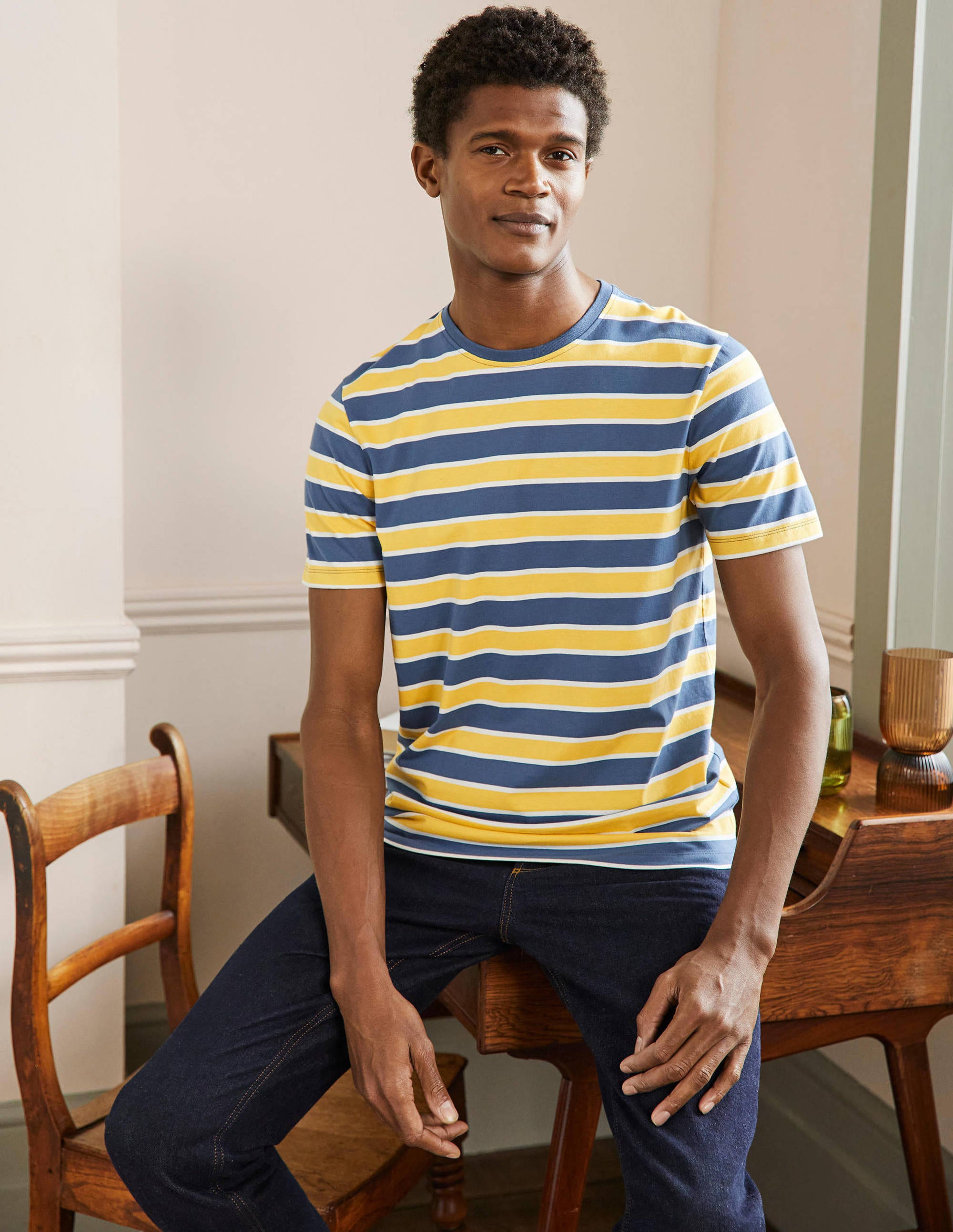  Classic Cotton T-shirt-Cornsilk/Enisgn Blue Stripe、mySite、ashleygrahame