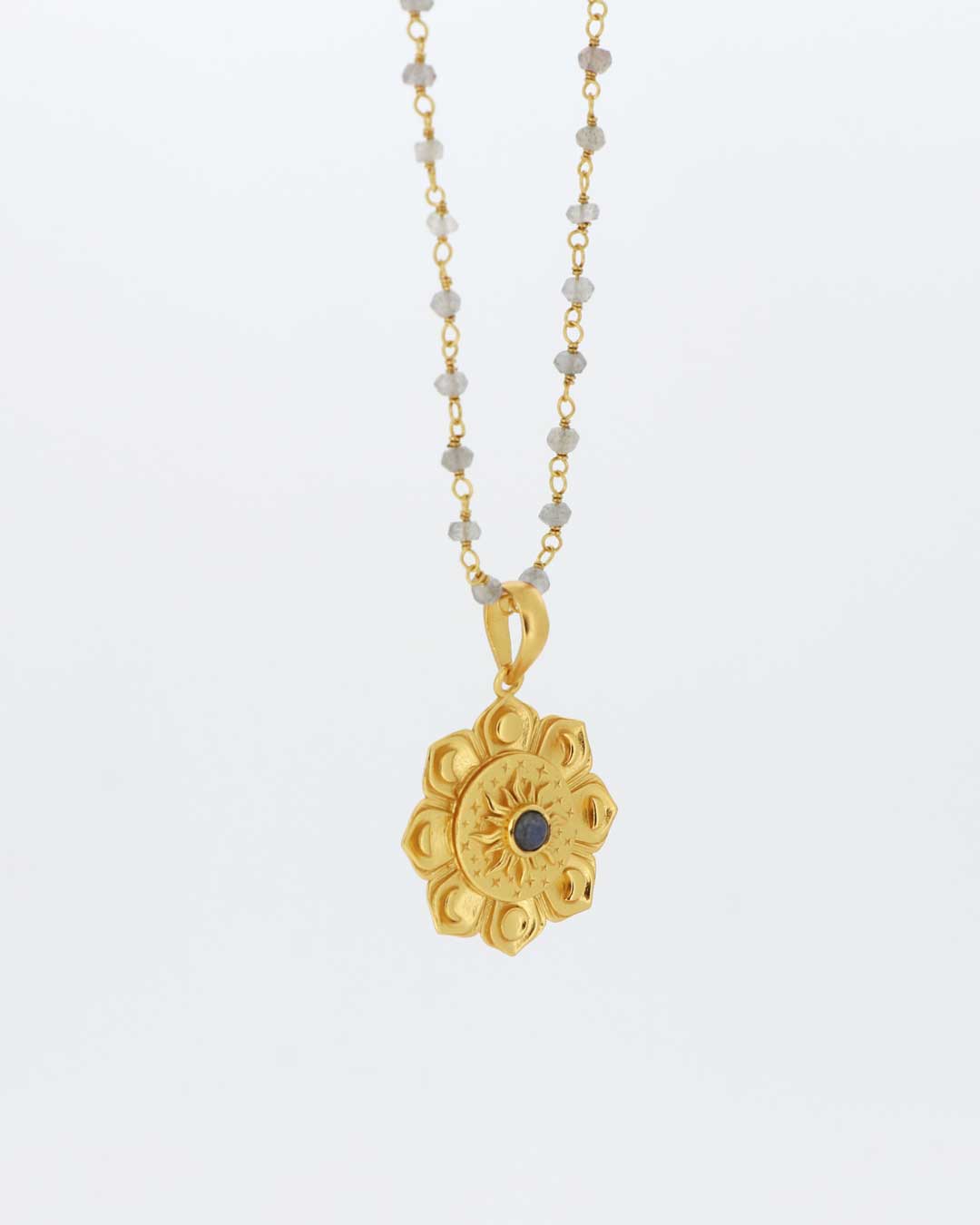 Gold-Plated Lotus Mandala Necklace with Moon Phases and Labradorite Gemstone – Celestial Design with Symbolic Sun, Stars & Lunar Petals、mySite、topwebapps