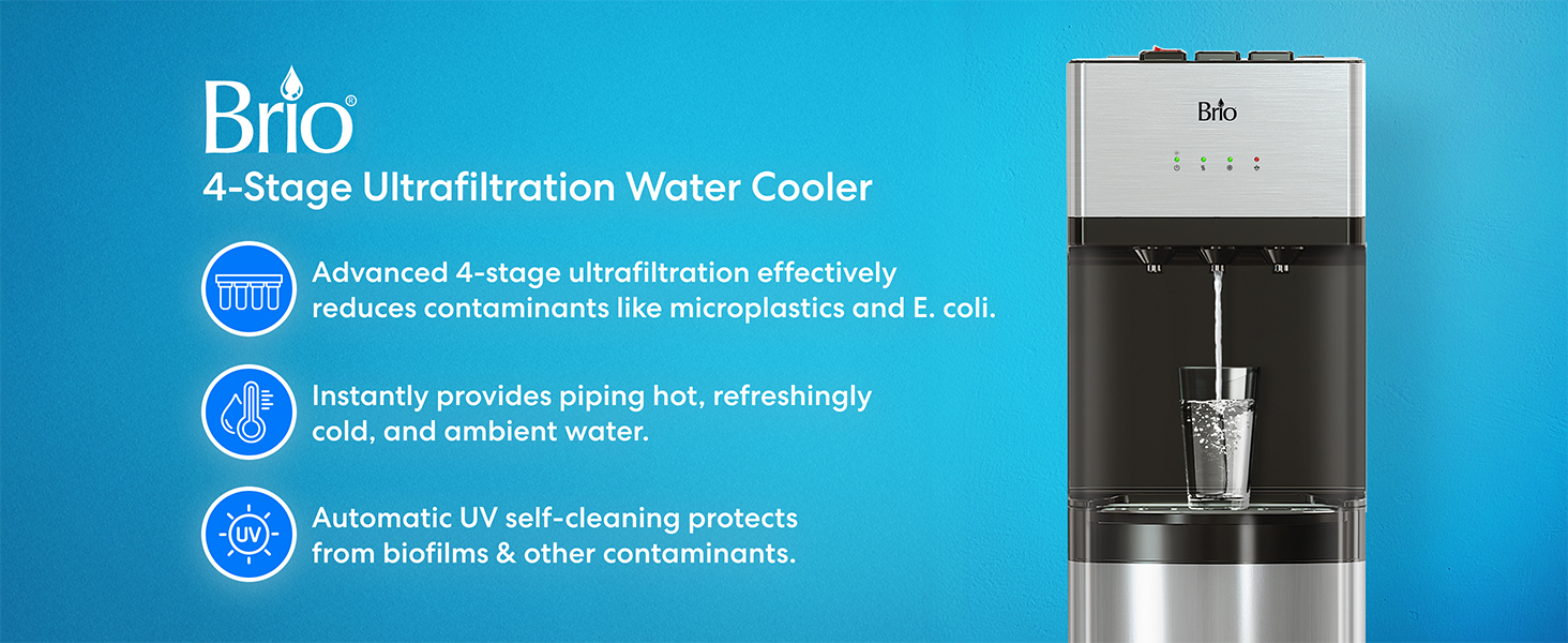 Brio 4-Stage Bottleless Water Cooler with Ultrafiltration, hot and cold water, and UV self-cleaning.