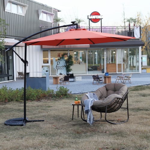 10ft Solar LED Offset Hanging Market Patio Umbrella ( khaki )(No Base)、、eastwooduniform