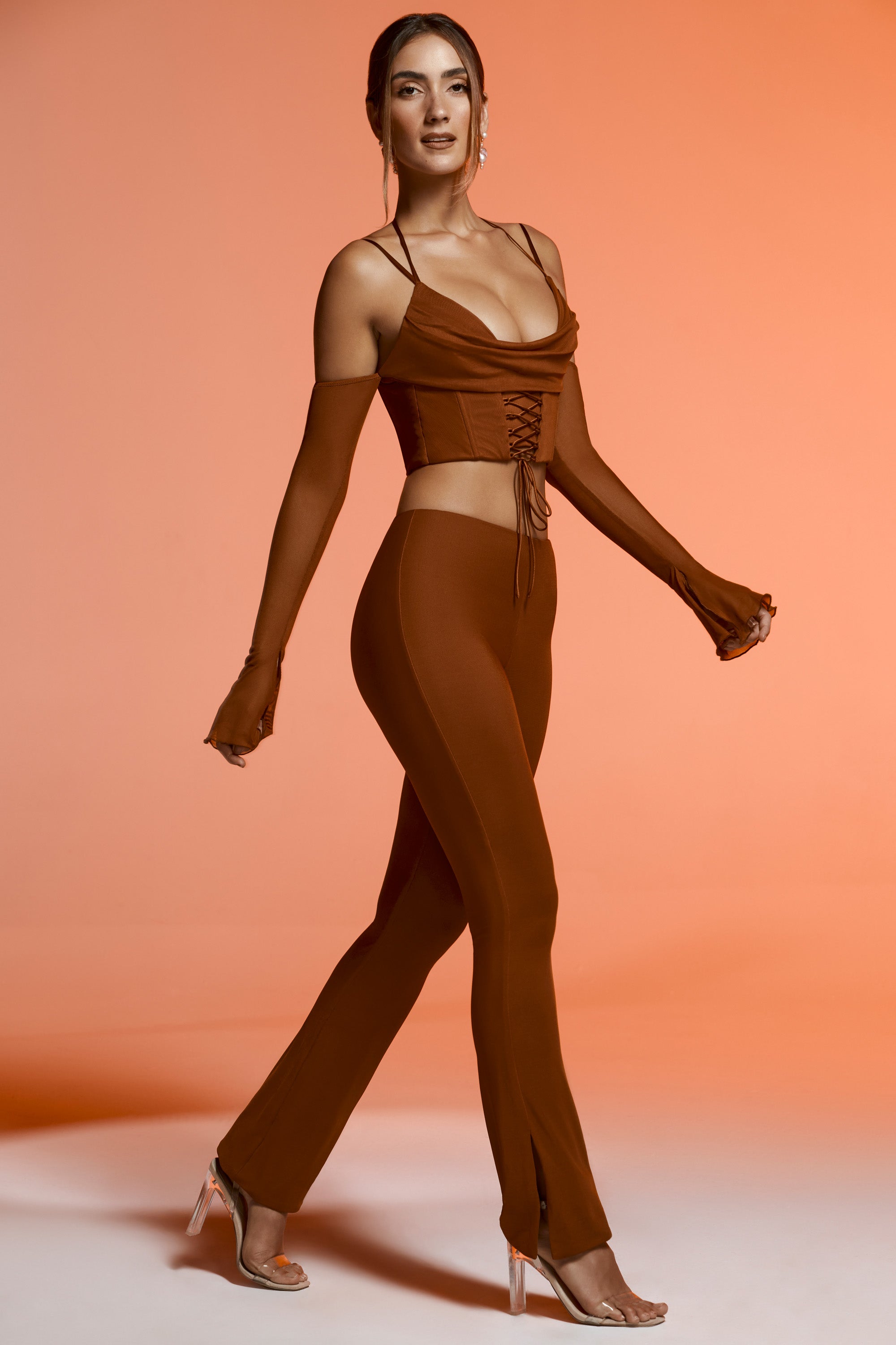 Split Flare Trousers in Brown、mySite、solidvoid