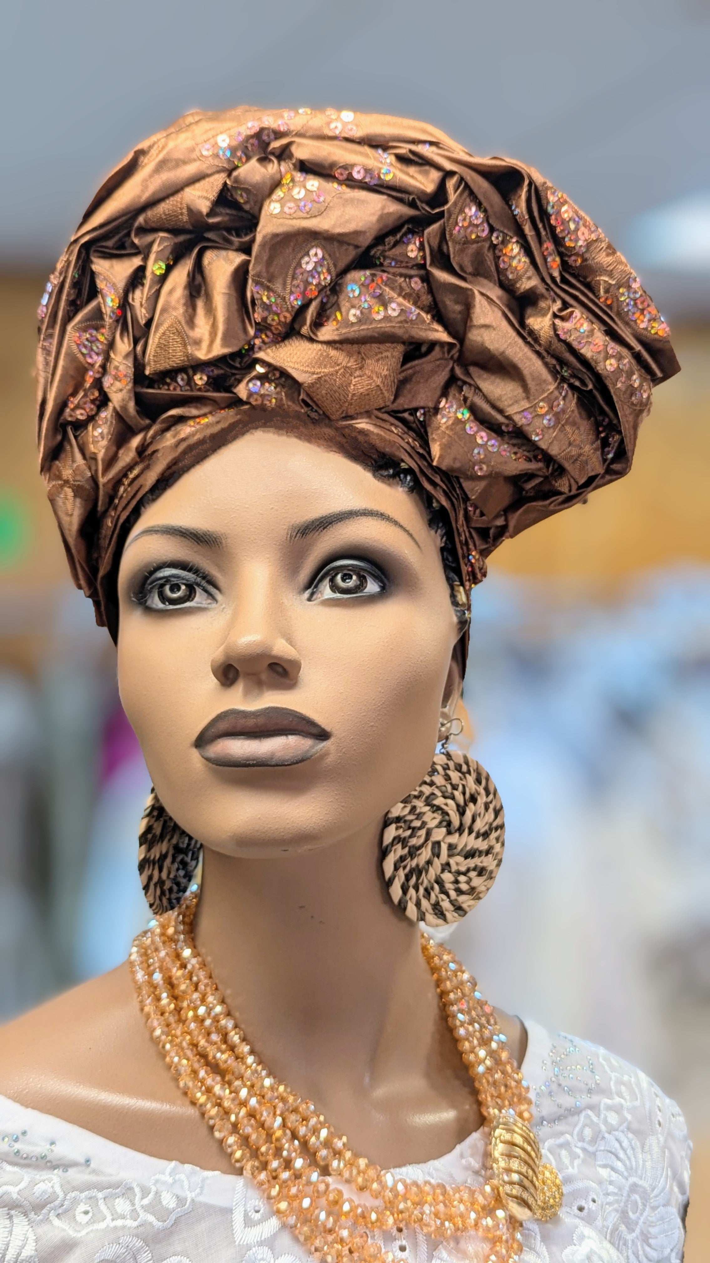 Dupsie's Iyomide Coffee-Brown Autogele Pre-tied Ready Gele Head wrap hat DPAGHCB22、mySite、solidvoid