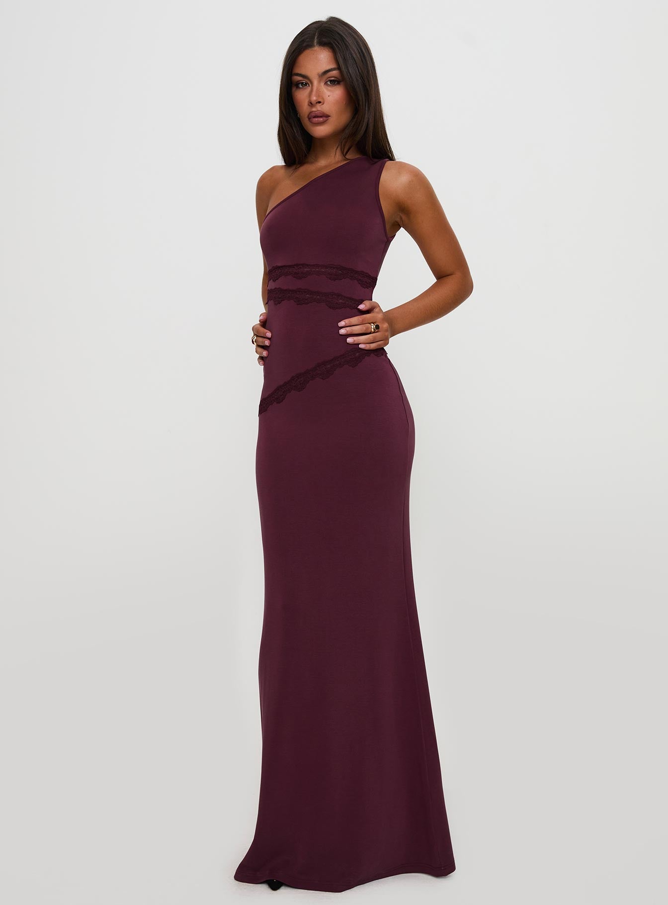 Ultraviolet One Shoulder Lace Maxi Dress Wine、mySite、solidvoid