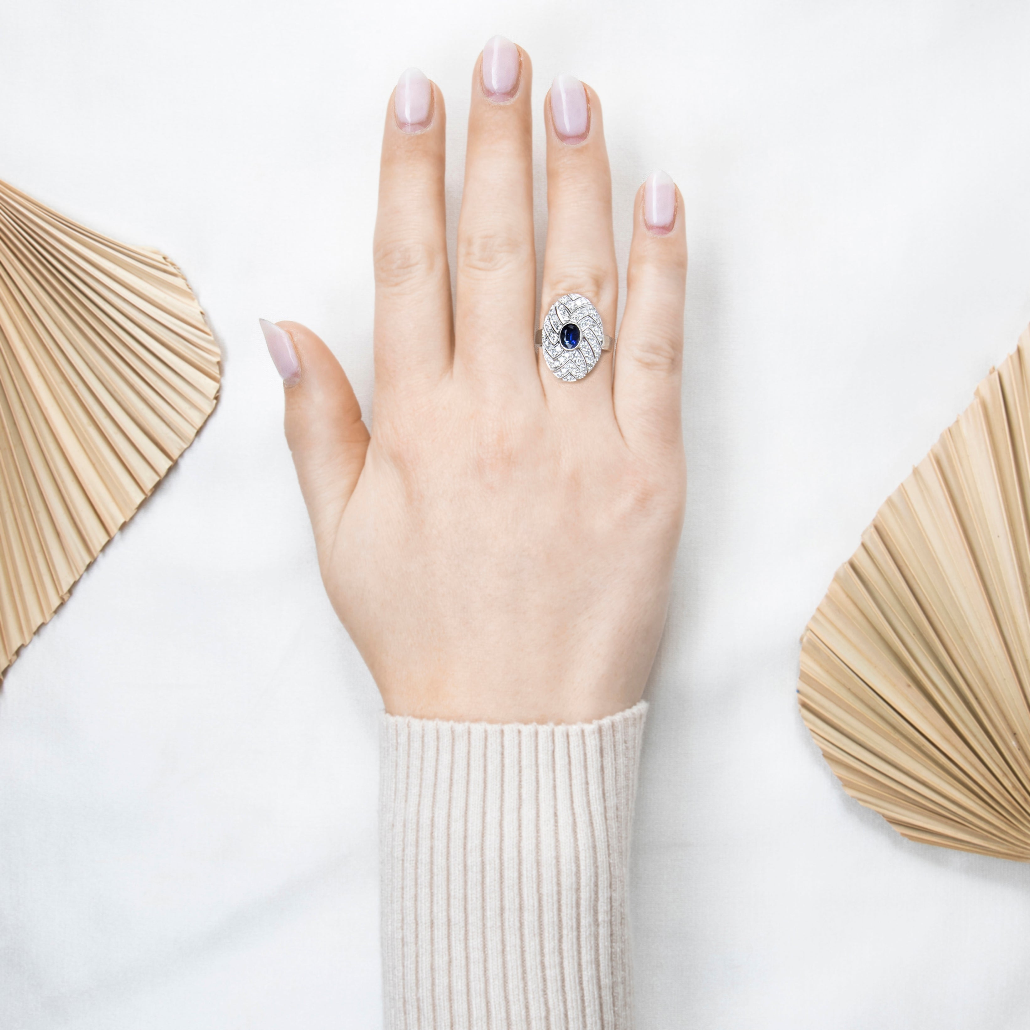 Vintage 18k White Gold Sapphire .684cttw Diamond Art Deco Style Statement Ring、mySite、hinf8tx79