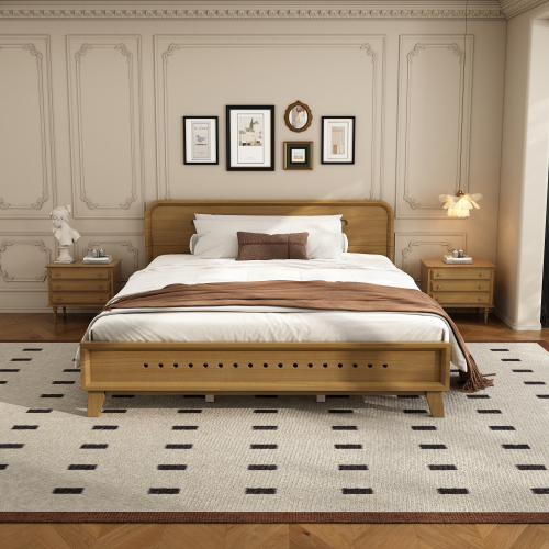 PINE SOLID WOOD KING SIZE BED, SOLID AND STABLE, NO BOX SPRING NEEDED, RUSTIC YELLOW COLOR、、eastwooduniform