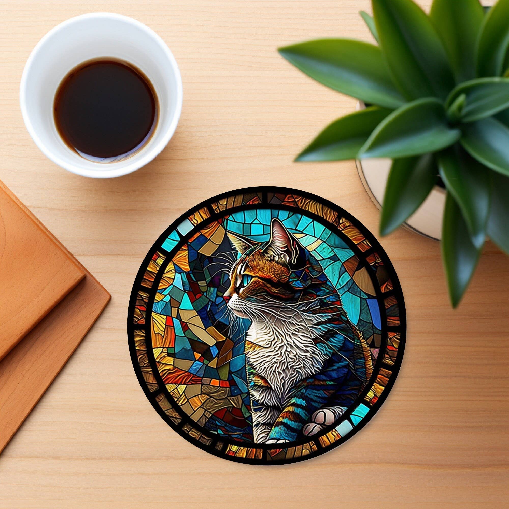 Cat Coaster with Stained Glass Motif, Eco-Friendly Ceramic、mySite、g9winljtr