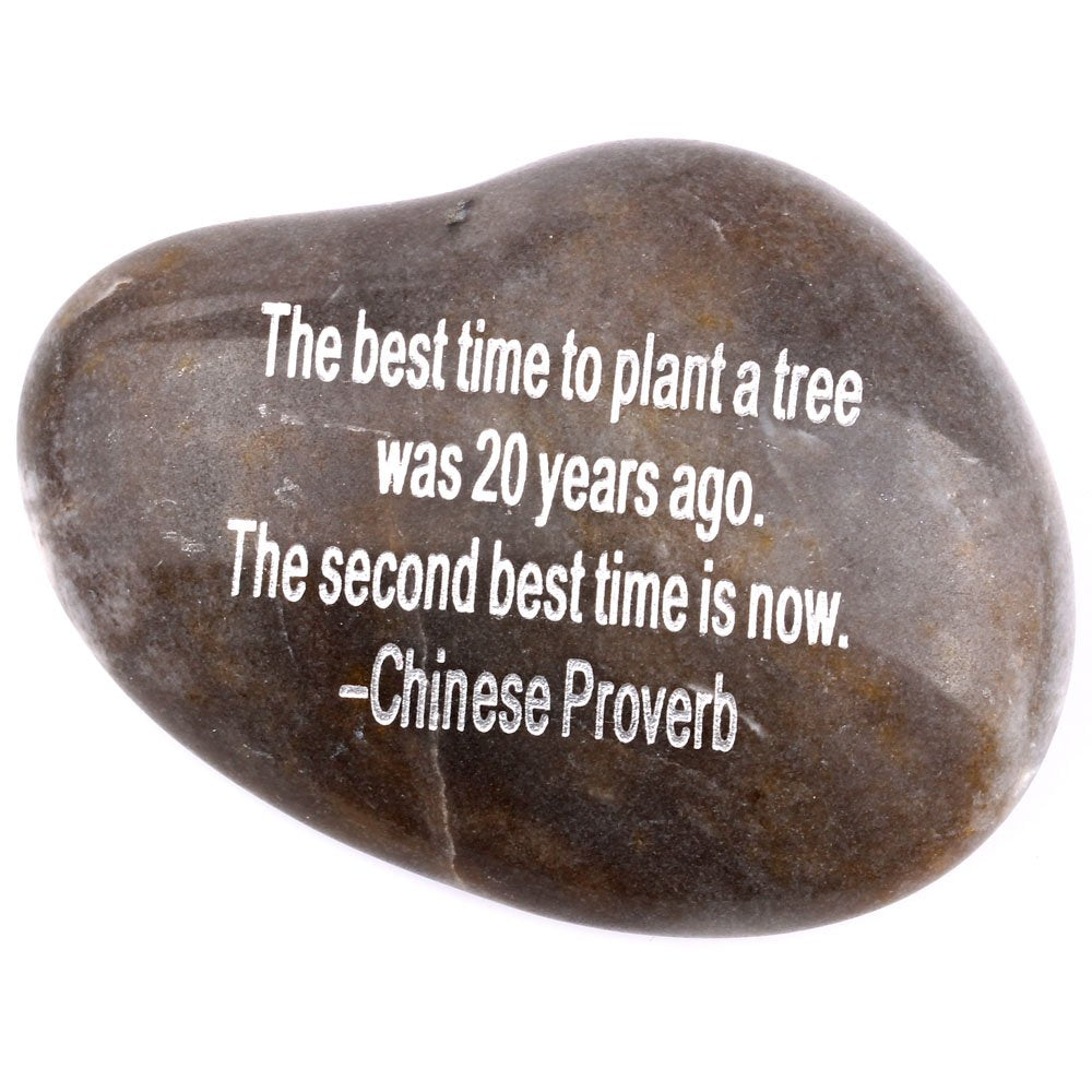 Engraved Inspirational Stones collection - Stone V : THE BEST TIME TO PLANT A TREE WAS 20 YEARS AGO. THE SECOND BEST TIME IS NOW. CHINESE PROVERB、mySite、topwebapps