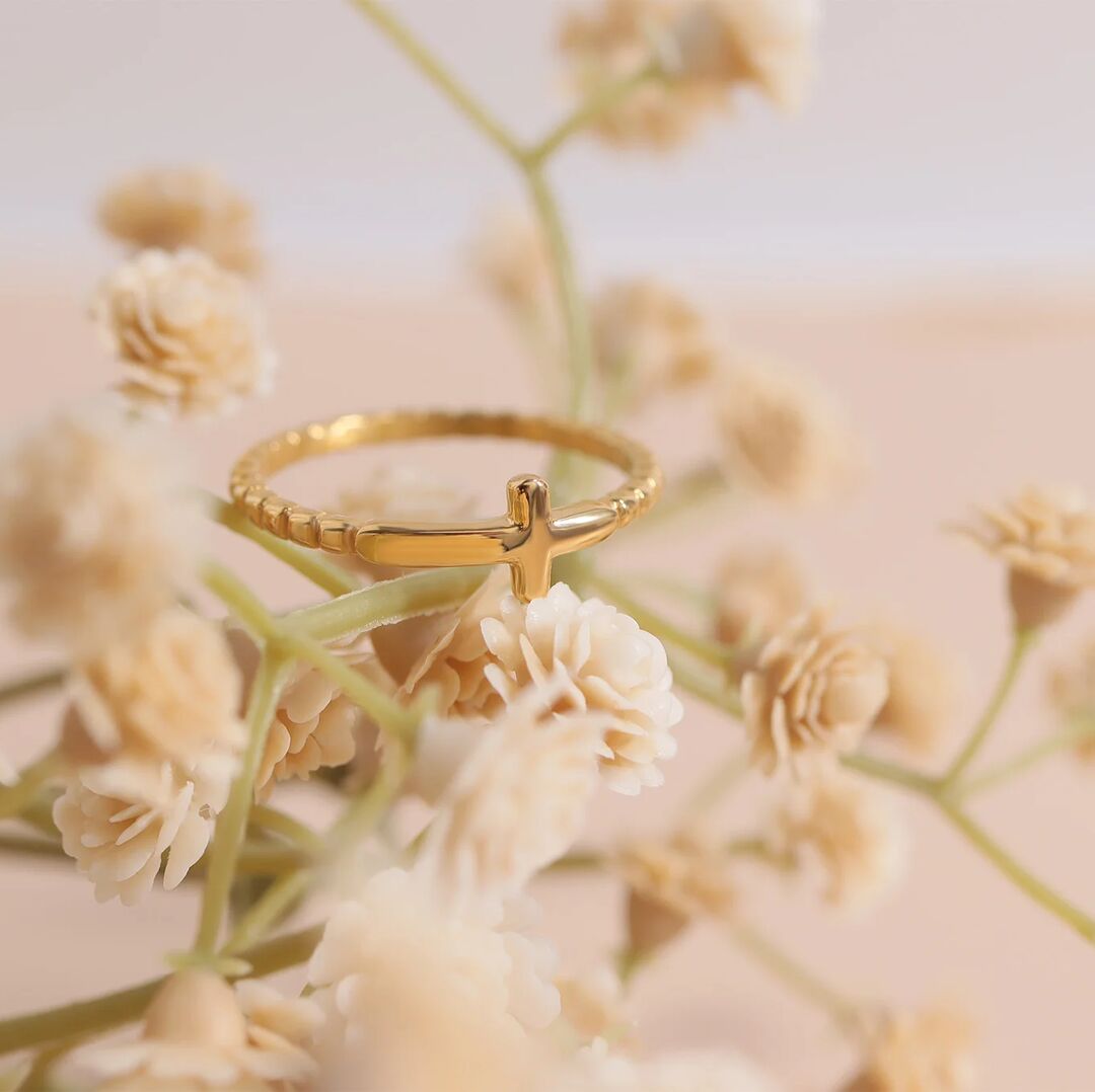 18K Gold PVD Stainless Steel Beaded Cross Stacking Ring / CSR0005、mySite、dreamappss