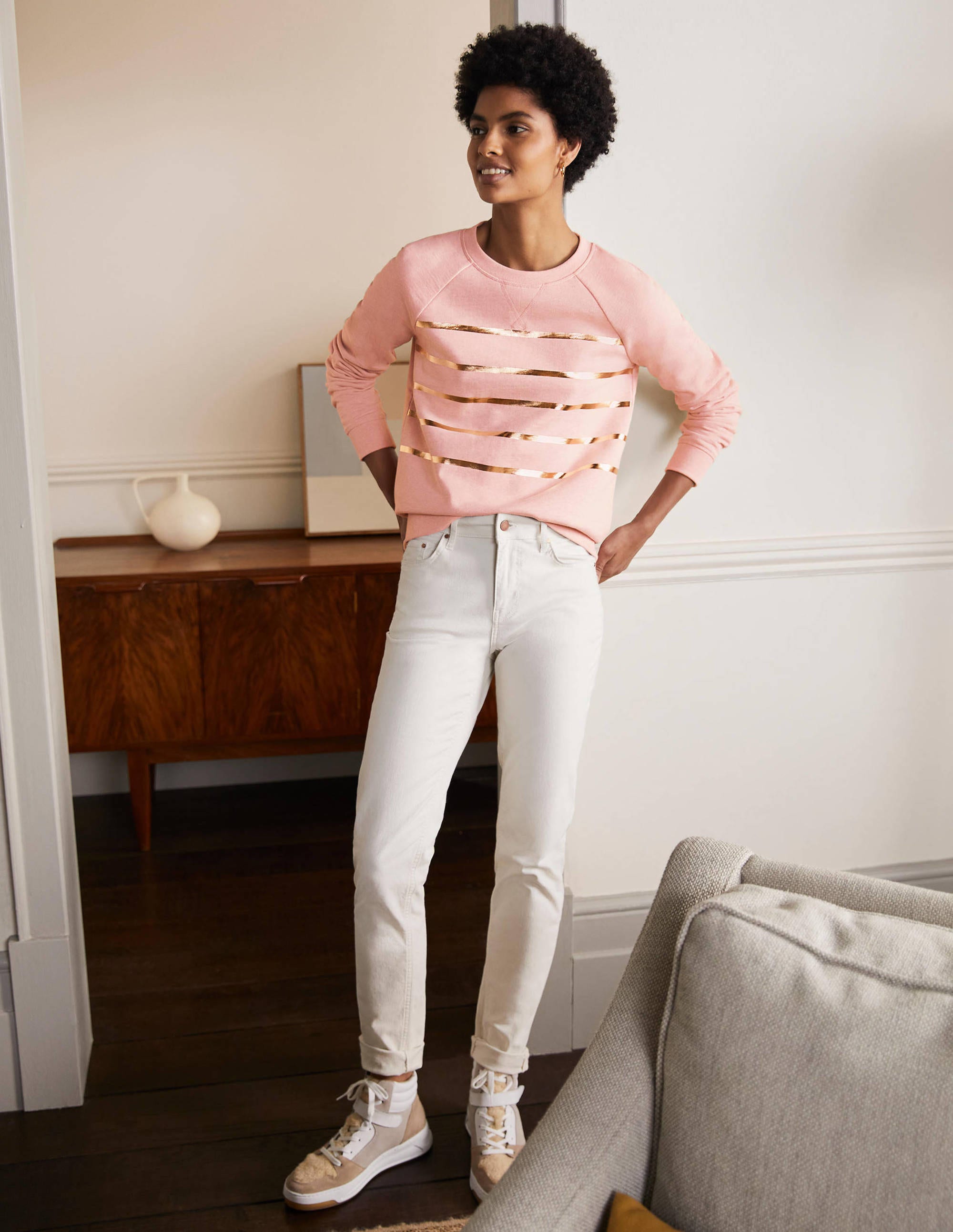  Printed Cotton Sweatshirt-Pink Marl, Gold Foil Stripe、mySite、ashleygrahame