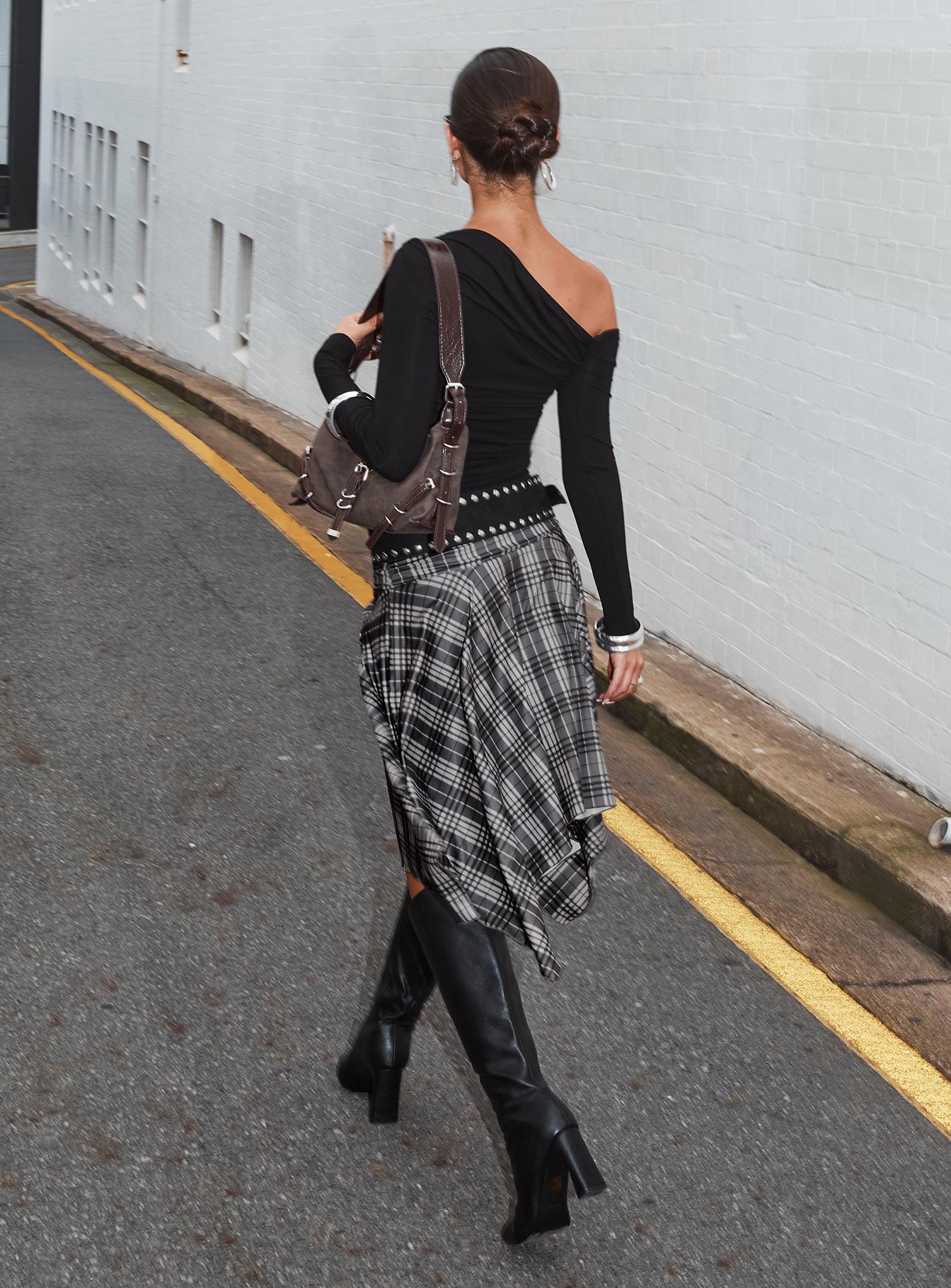 Scholar Asymmetrical Midi Skirt Grey Check、mySite、solidvoid