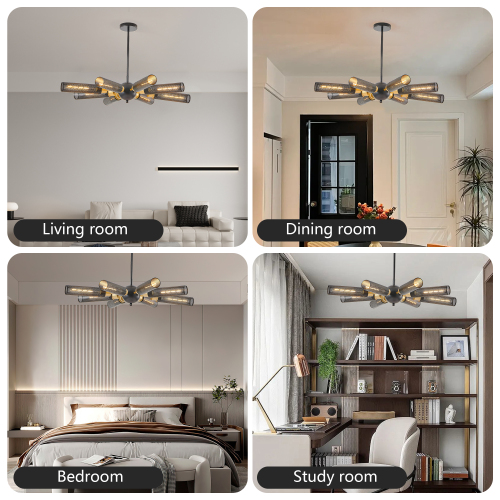 24" Modern Industrial Multi-Light Pendant Chandelier - 9-Light Black and Gold Adjustable Ceiling Light Fixture with Mesh Cylinder Shades for Living Room, Dining Room, or Staircase (Bulb Not Included)、、eastwooduniform