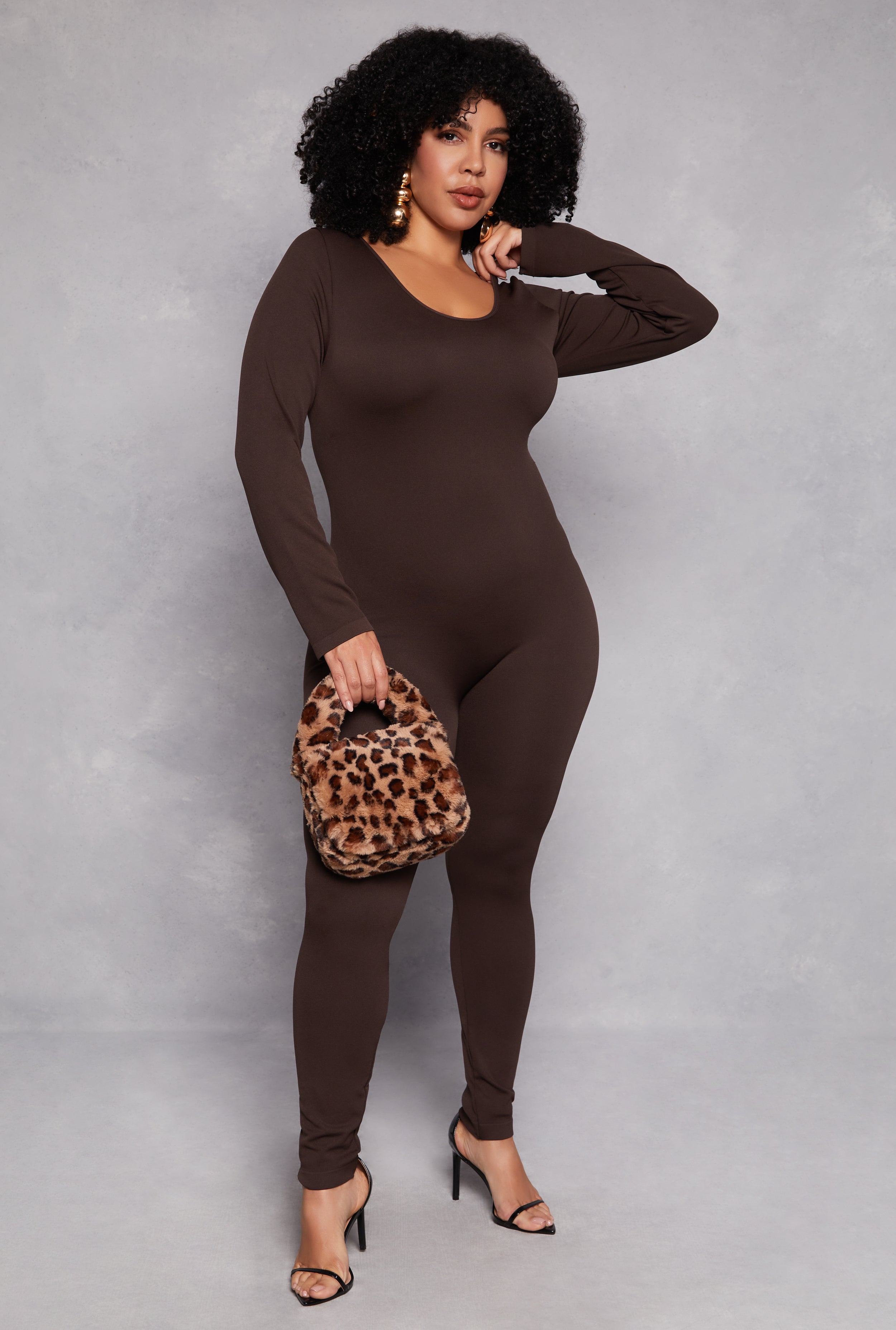 Plus Size Ribbed Knit Long Sleeve Catsuit、mySite、camillekostekn