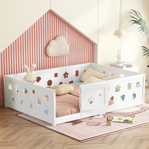 Twin Size Floor Bed with Heightened Safety Guardrails and Door, Solid Wood Bedframe with Rails for Girls, Boys, Teens, Child Bedroom, Kids Playroom, No Slats Included, White、、casual