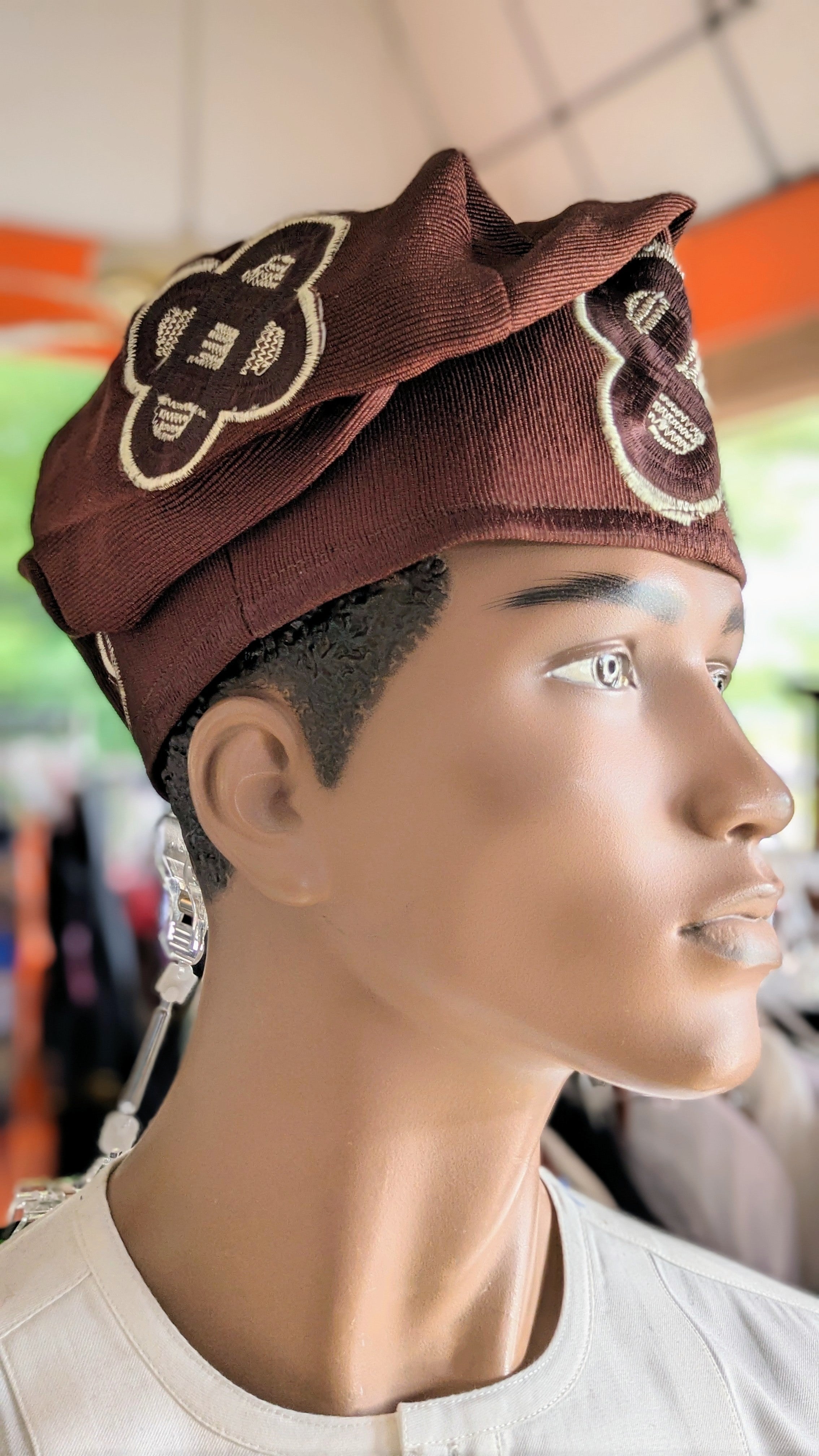 Dupsie's Ayo Fila Brown handwoven Aso Oke cap hat with cream beige embroidery DPHABBC3、mySite、solidvoid