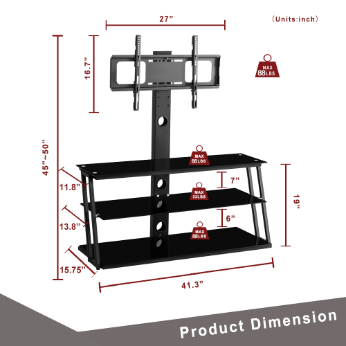 Black Multi-Function Angle And Height Adjustable Tempered Glass TV Stand、、casual