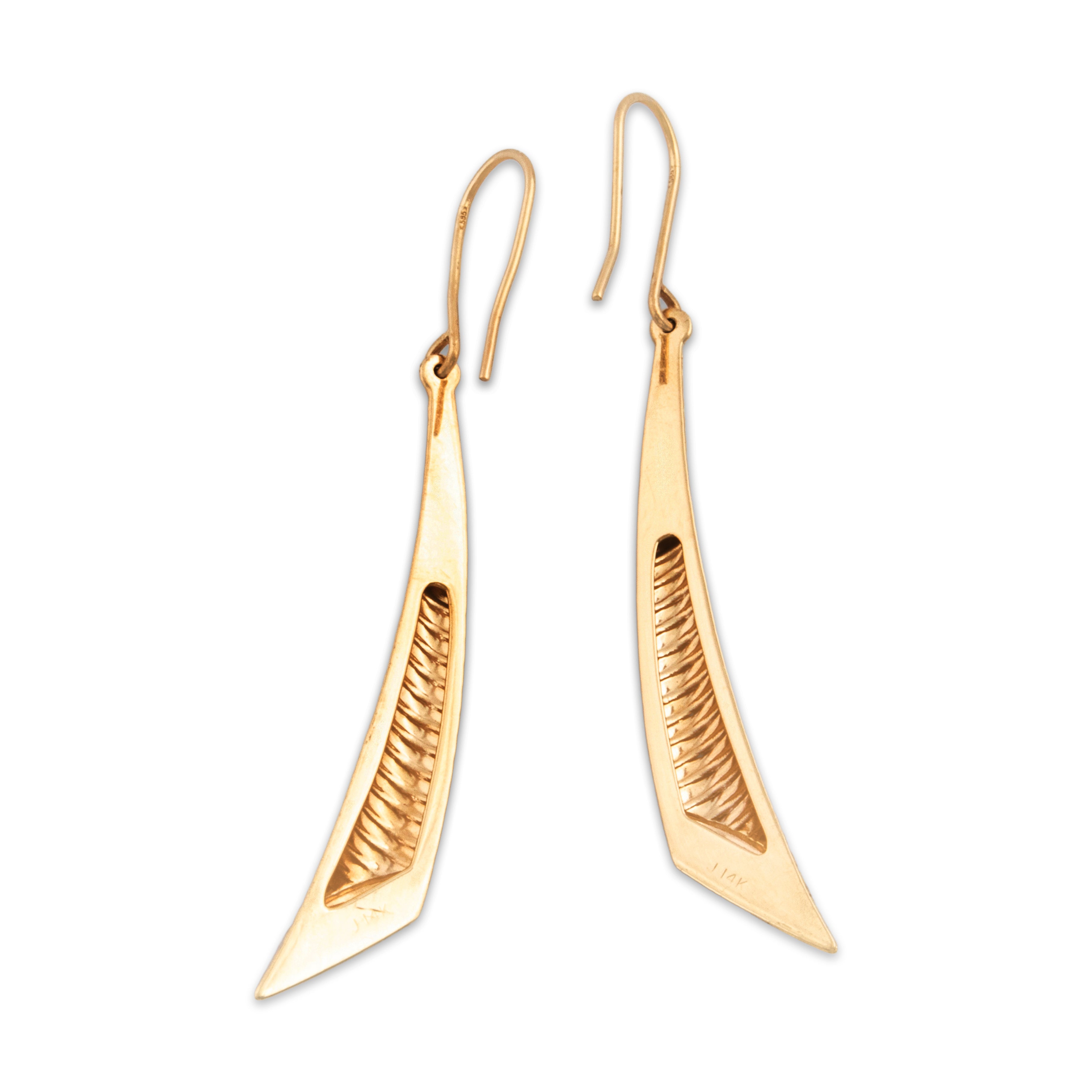 Vintage 14k Yellow & White Gold Diamond Ribbed Long Dangle Earrings、mySite、hinf8tx79