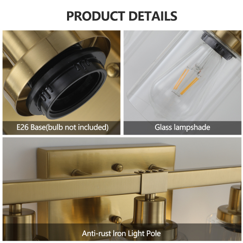 24" Modern 4-Light Bathroom Vanity Light Fixture - Brushed Nickel Finish with Clear Glass Shades, Perfect for Bathroom, Vanity, and Dressing Area Lighting (No Bulbs)、、eastwooduniform