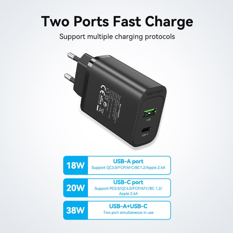 Vention 2-port USB(A+C) Wall Charger (18W+20W) EU-Plug Black、mySite、fannypackpong