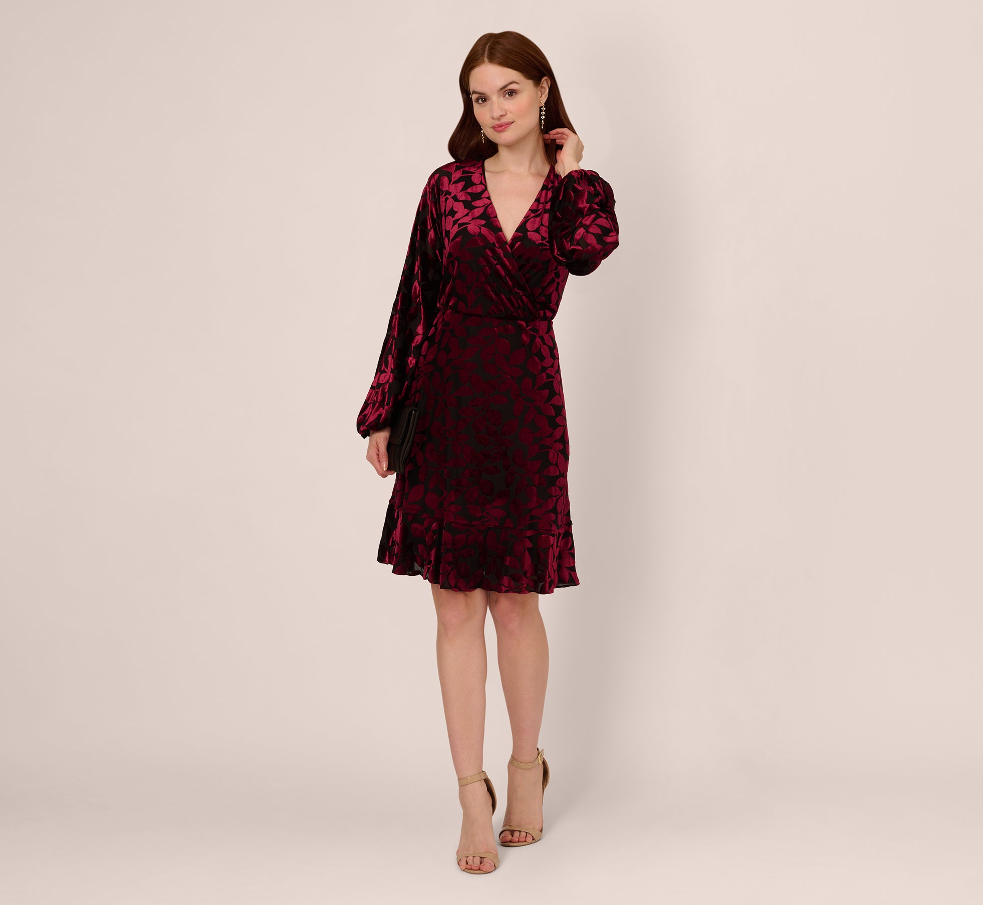 Velvet Burnout Faux Wrap Dress With Long Bishop Sleeves In Burgundy Black、mySite、solidvoid