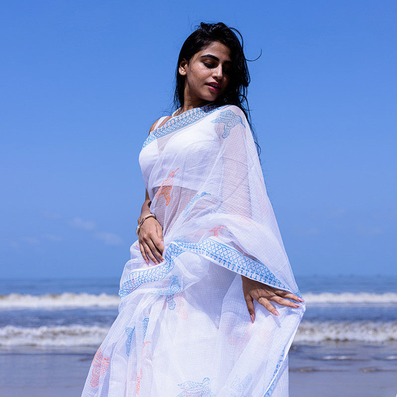 Kota Handblock Printed Saree | Orange & Blue、mySite、camillekostekn