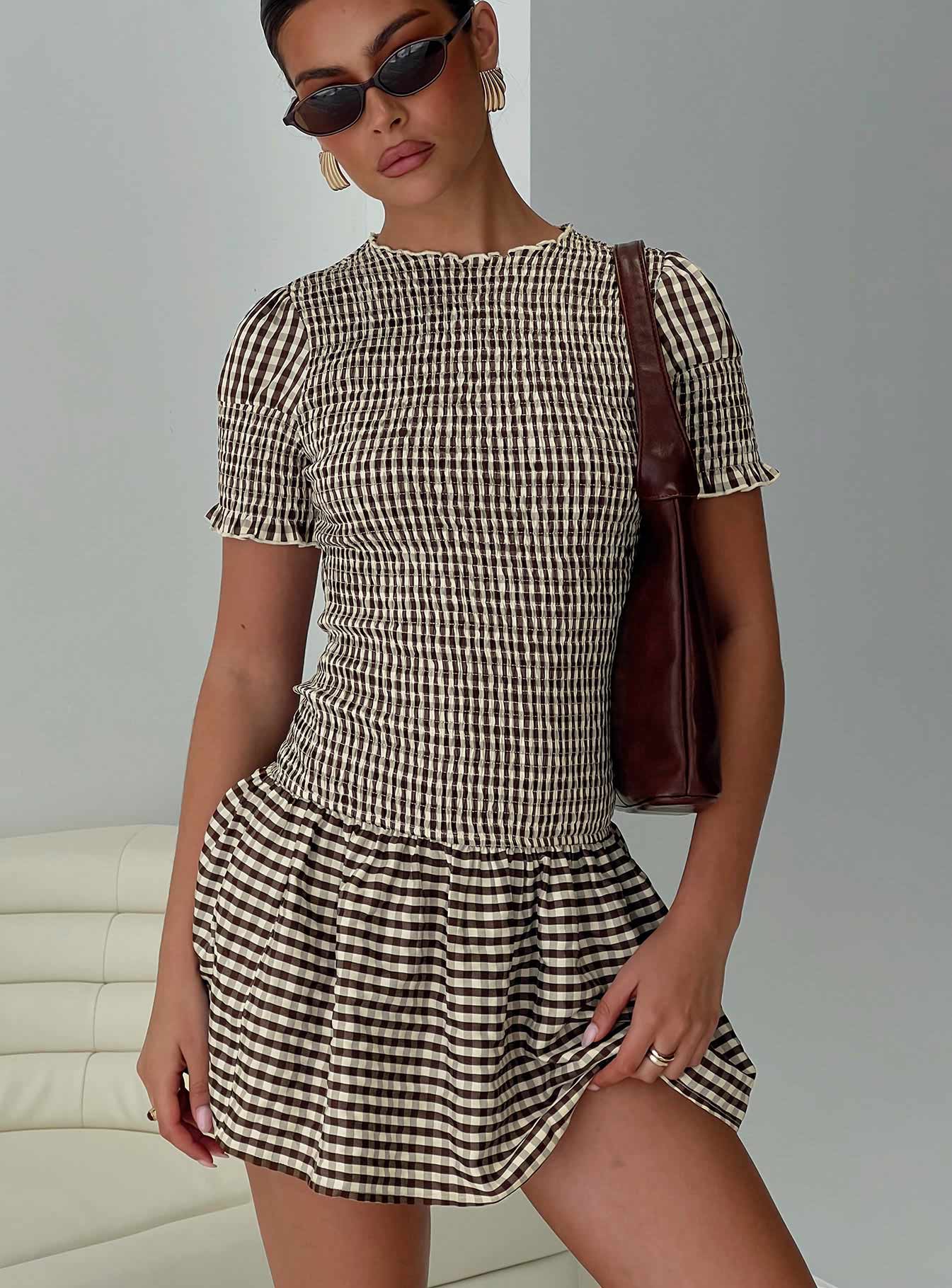 Laurita Shirred Mini Dress Brown Check、mySite、solidvoid