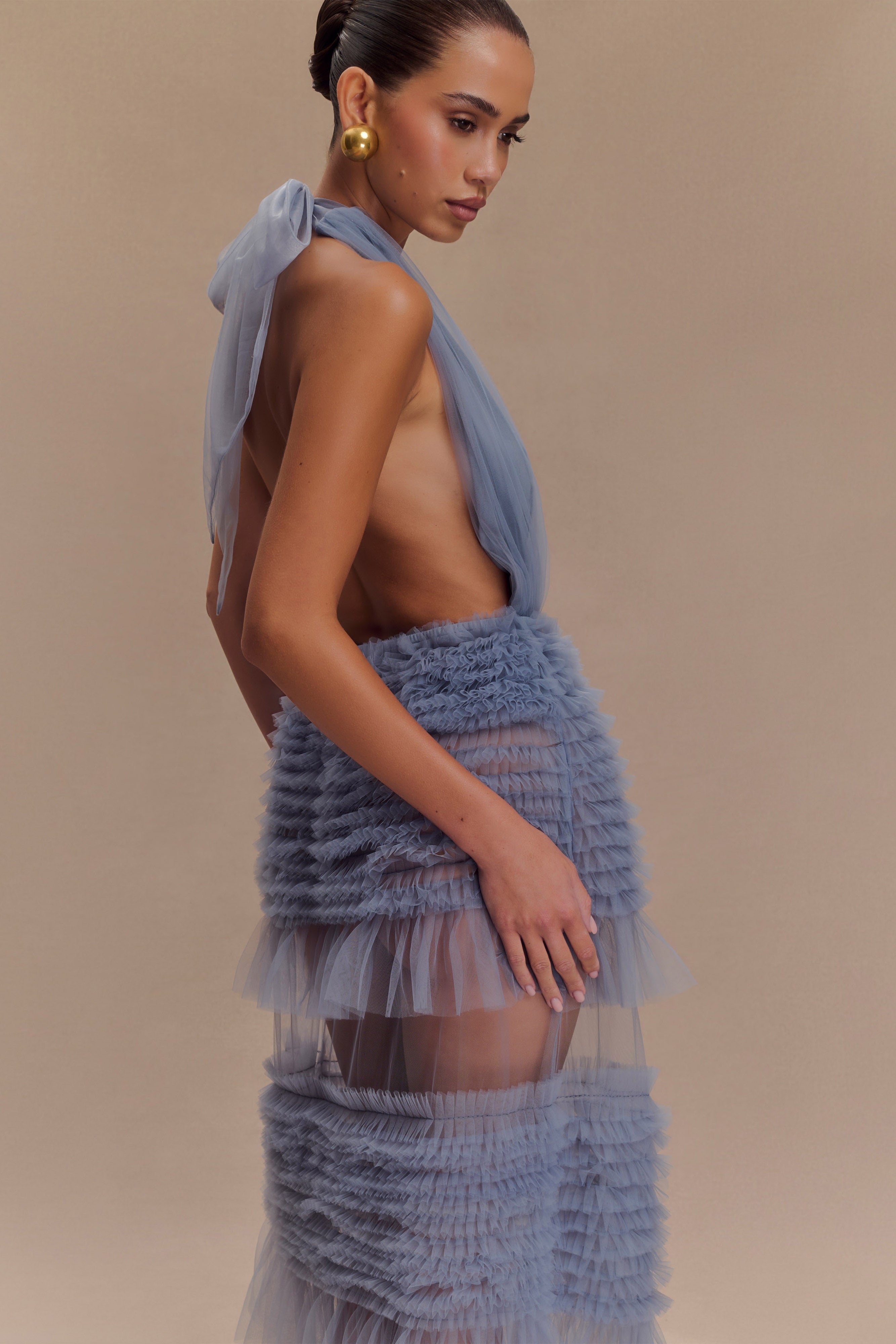 Minka Mesh Ruffle Halter Maxi Dress - Dusty Blue、mySite、solidvoid