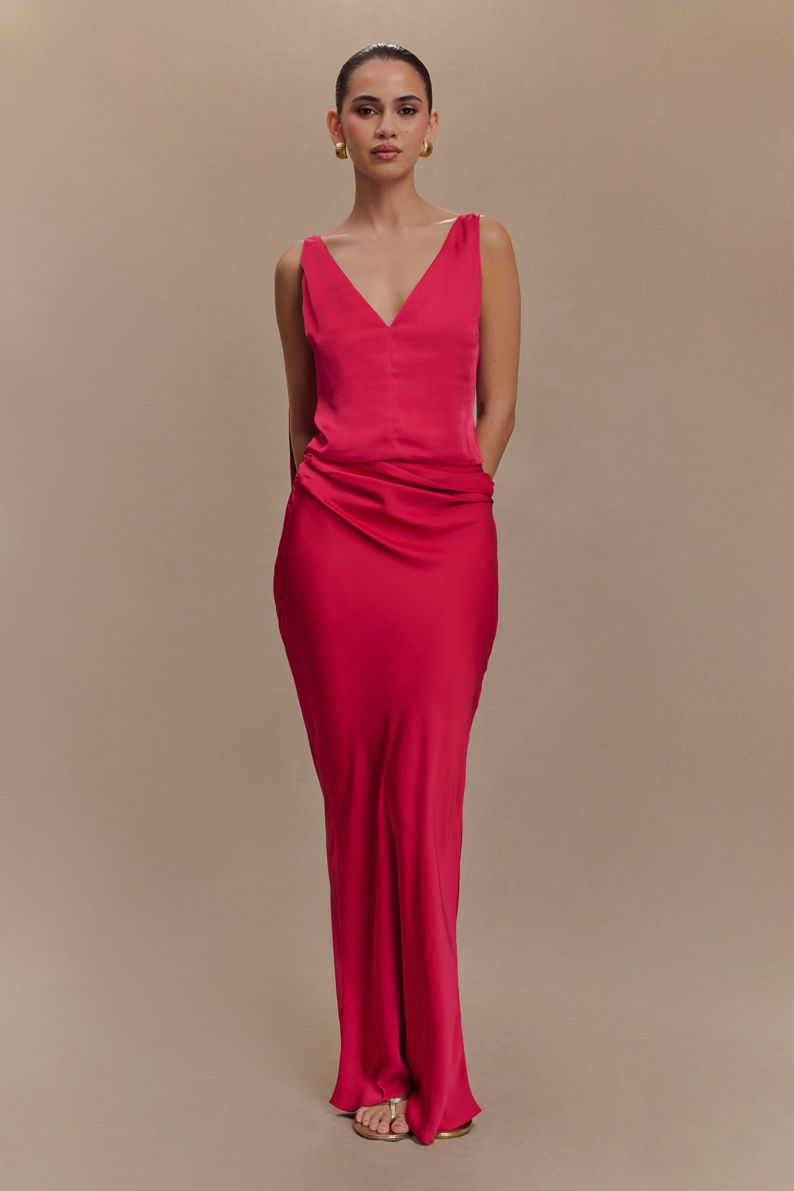 Nicola Satin Asymmetric Maxi Skirt - Pink Cherry、mySite、solidvoid