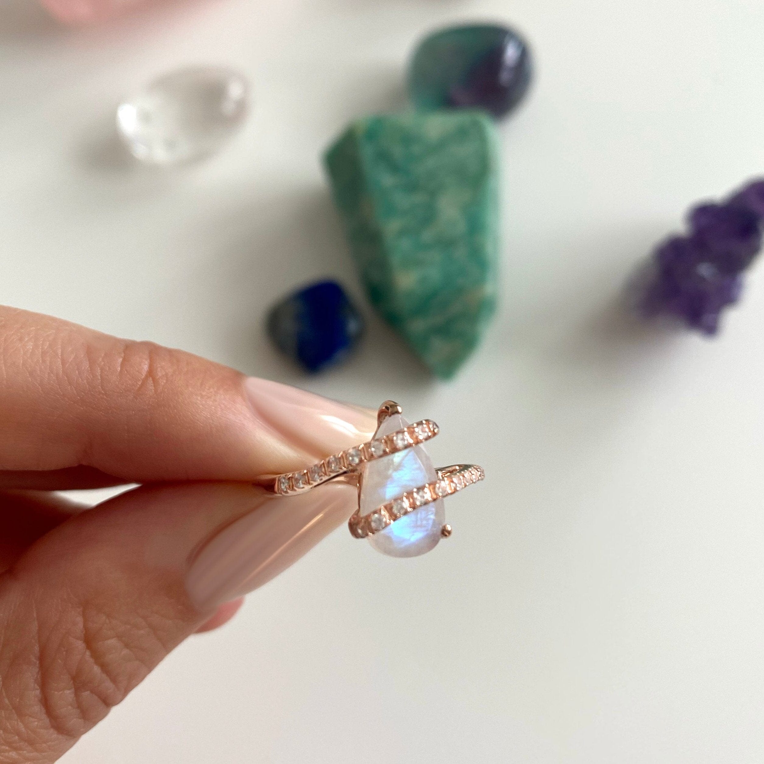 Moonstone White Zircon Ring - Bypass、mySite、hinf8tx79