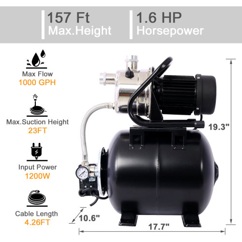 1.6HP Shallow Well Pump with Pressure Tank,garden water pump, Irrigation Pump,Automatic Water Booster Pump for Home Garden Lawn Farm、、eastwooduniform