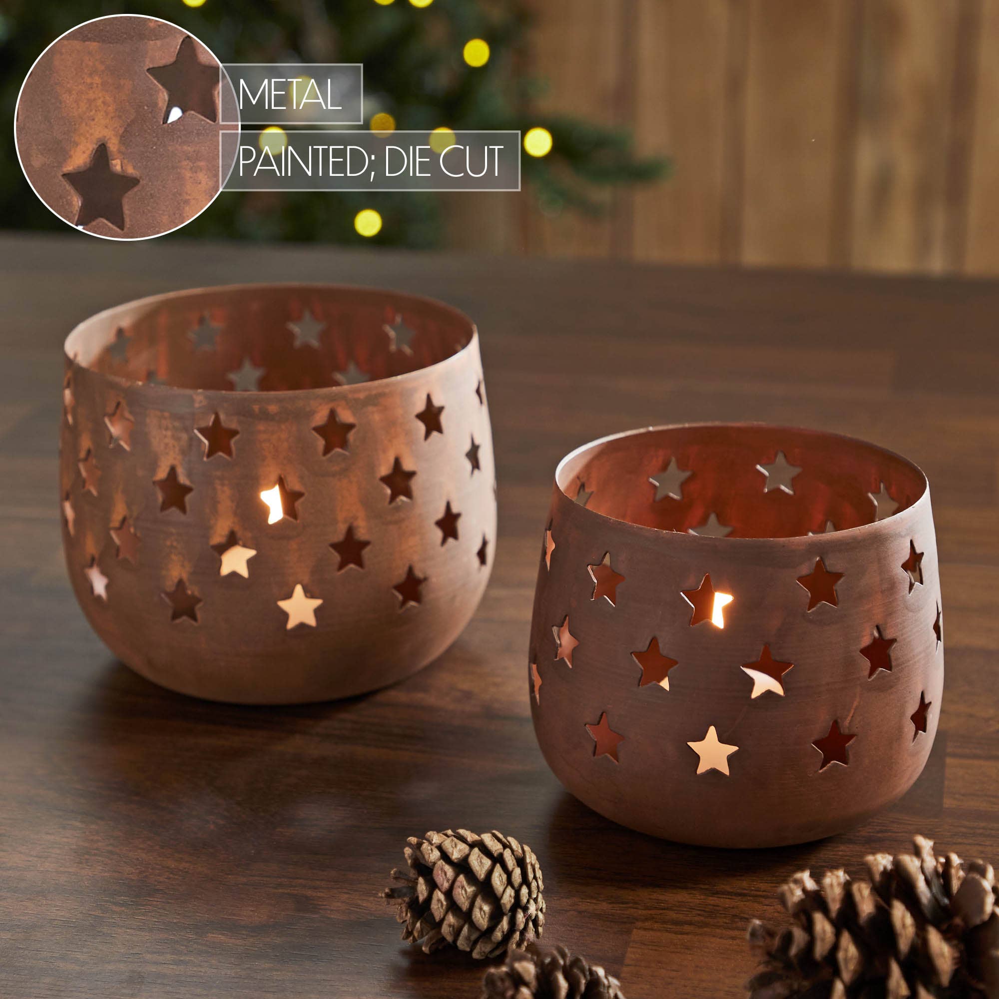 VHC Brands - Starbright Rusted Metal Candle Holder Set of 2 - 3.54/4.13 inch、mySite、g9winljtr